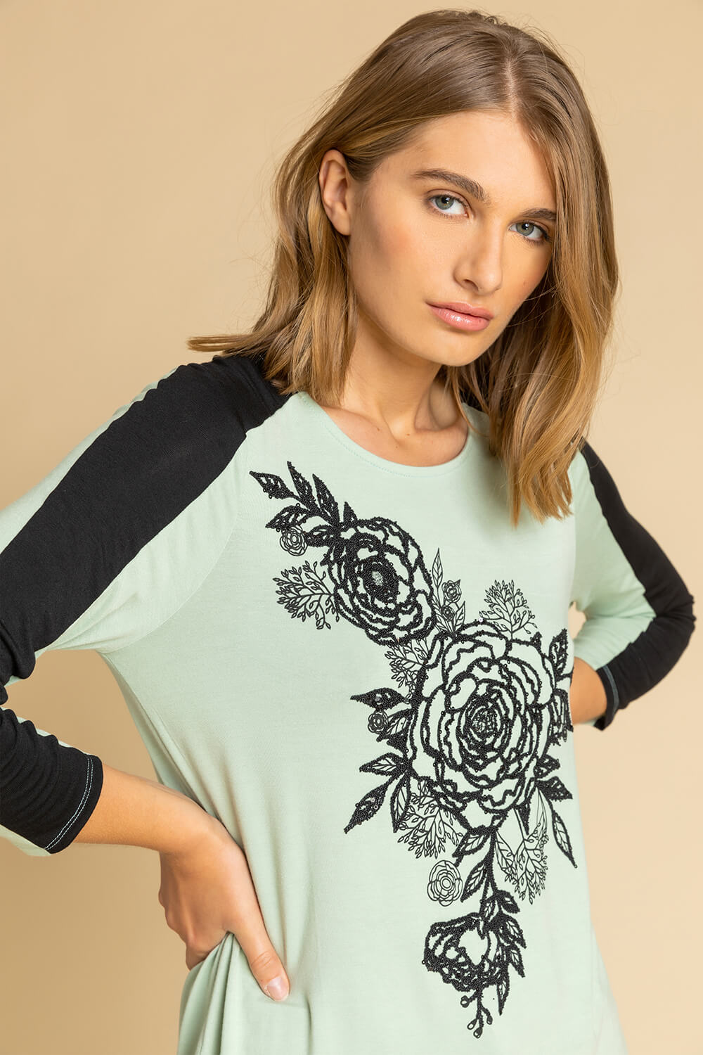 Sage Floral Embellished Contrast Print Top, Image 5 of 4