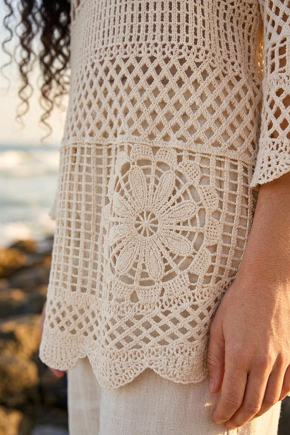 Natural Floral Crochet Tunic Top, Image 5 of 4