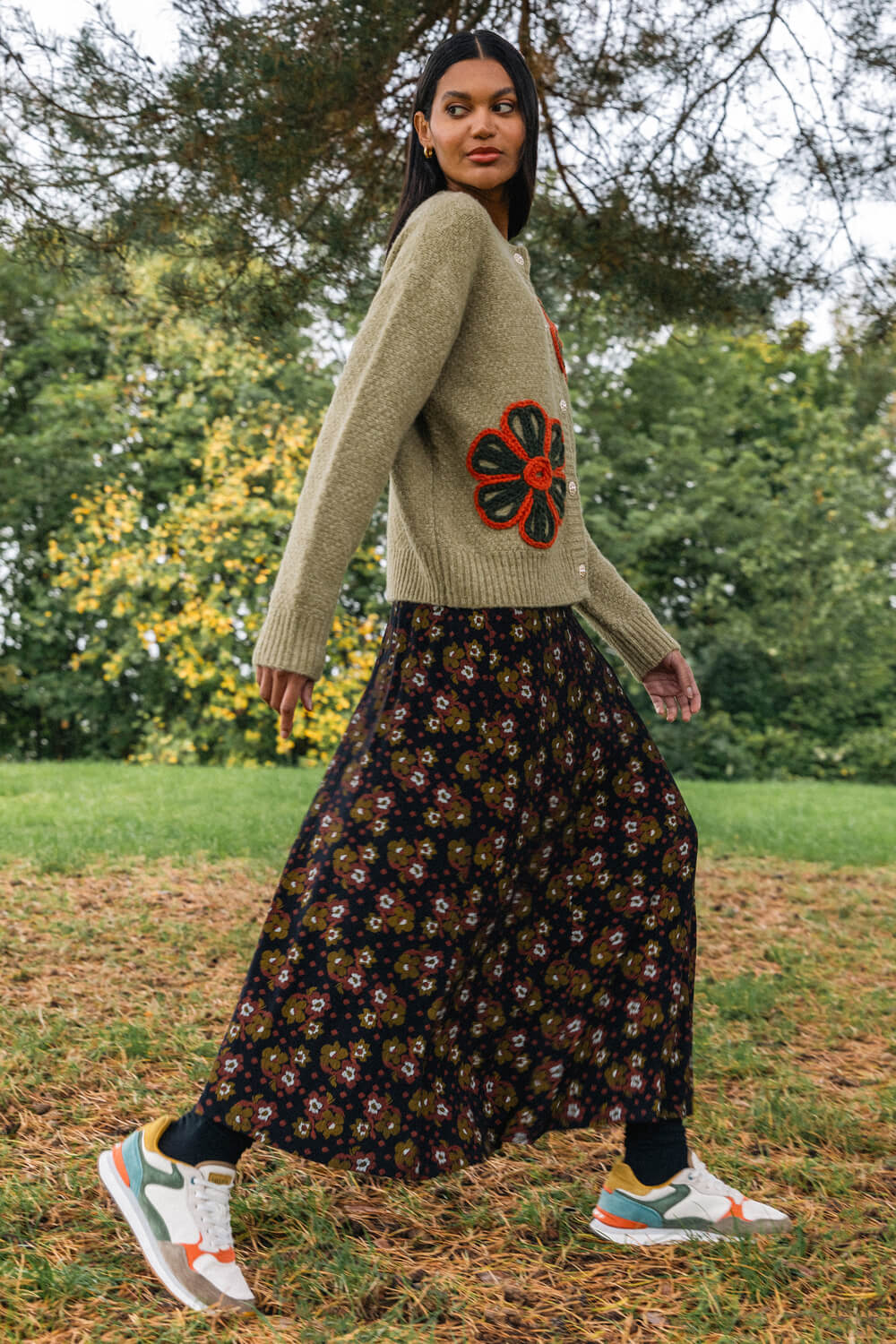 Black Floral Print Stretch Midi Skirt , Image 7 of 7