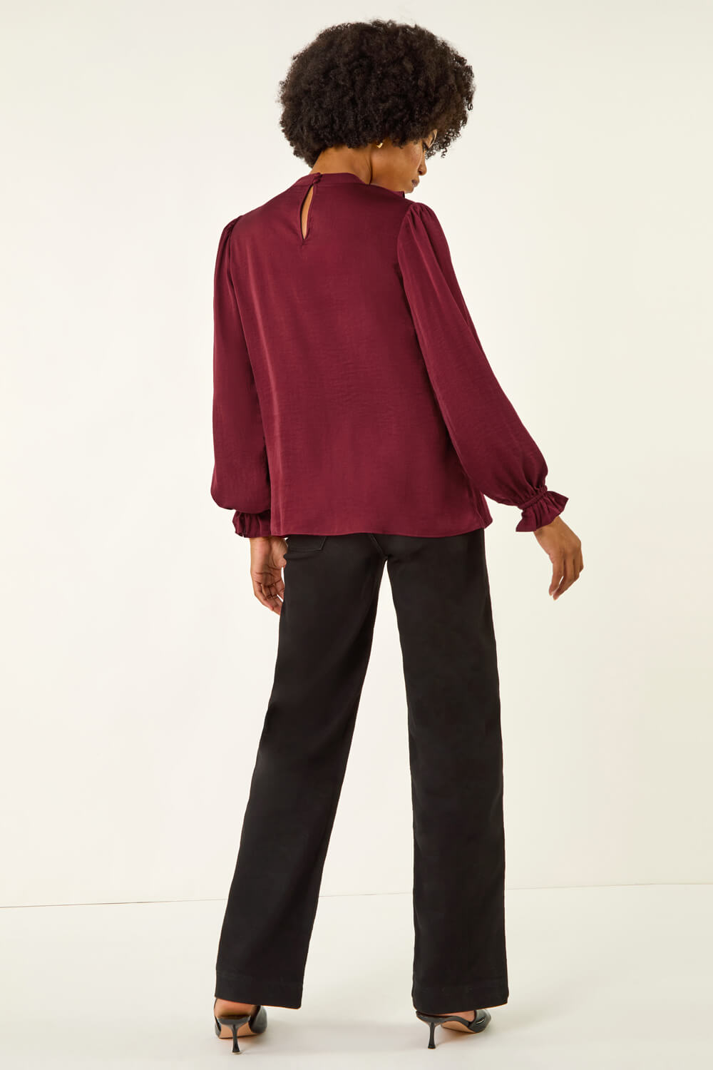 Wine Ruffle Front Keyhole Satin Top, Image 4 of 5