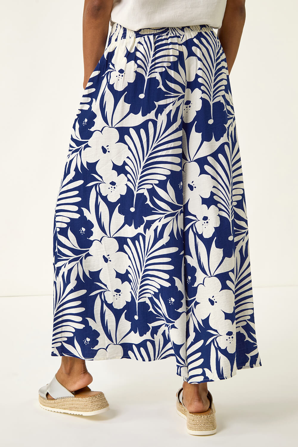 Babyhug Ankle Length Cotton Denim Culottes with Floral Print & Bow Applique - Navy Blue main image 0