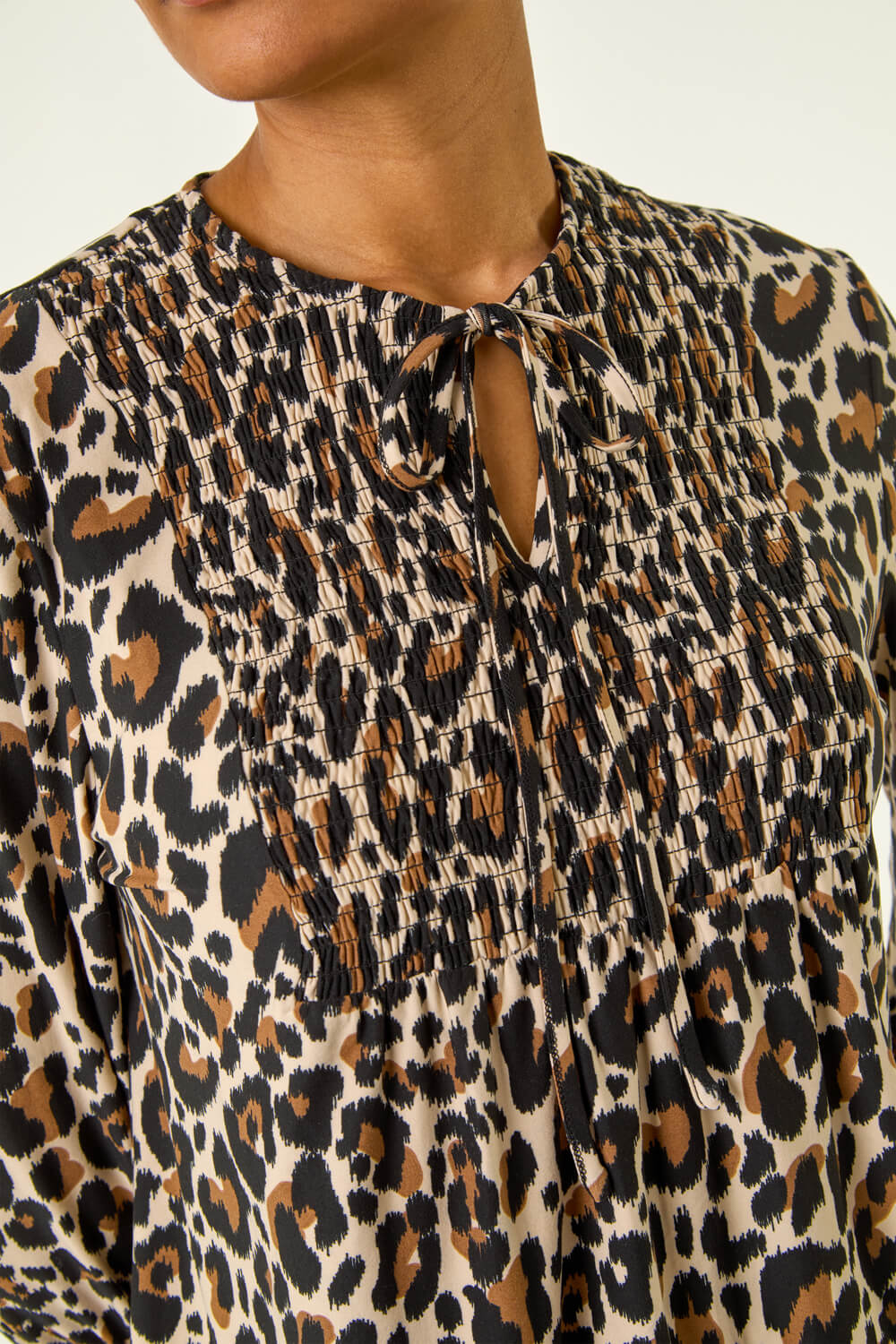 Tan Animal Print Shirred Tie Neck Top, Image 6 of 5