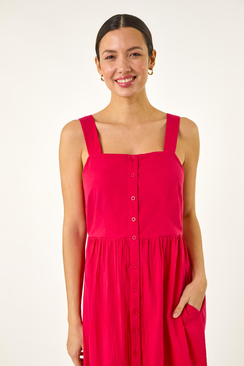 PINK Seersucker Button Midi Sundress, Image 5 of 5