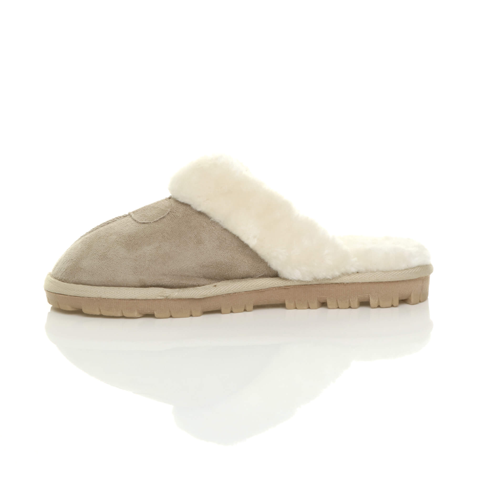 Beige Faux Fur Lined Slip On Memory Foam Mules Slippers, Image 2 of 5