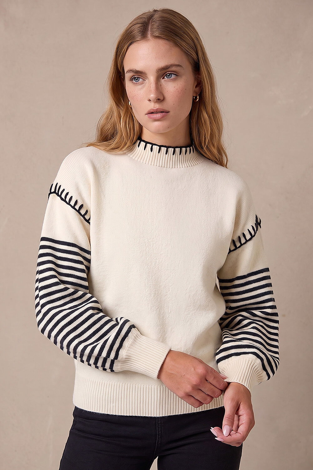 Roman Women's Ivory Contrast Stitch Stripe Jumper Size 16