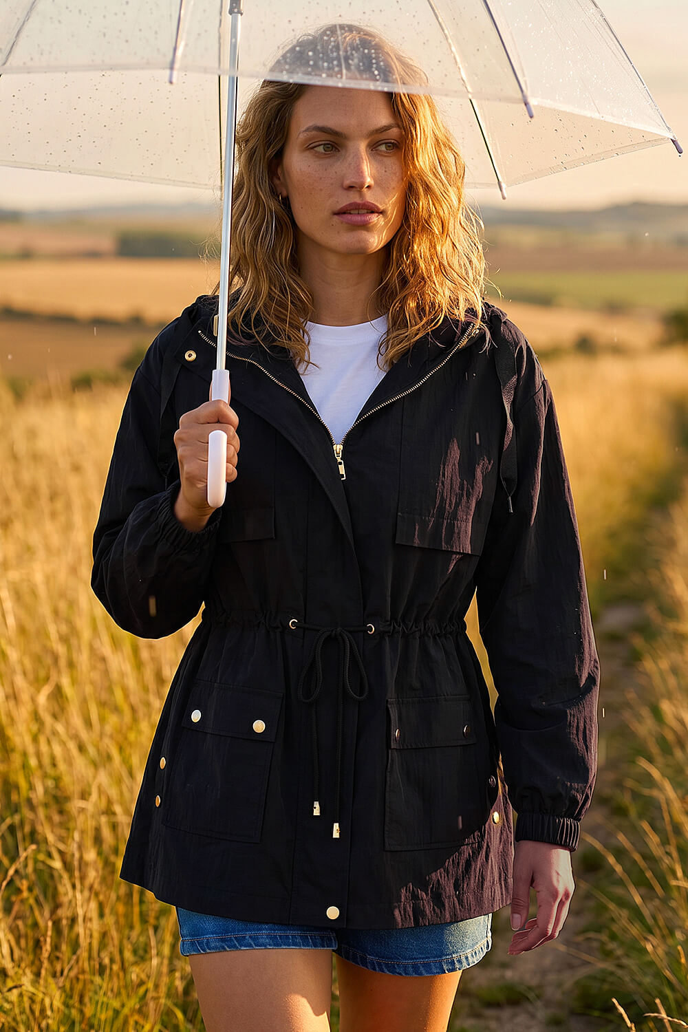 Black Shower Resistant Rain Jacket, Image 3 of 4