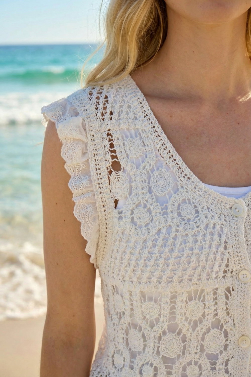 White Crochet Buttoned Waistcoat, Image 5 of 4