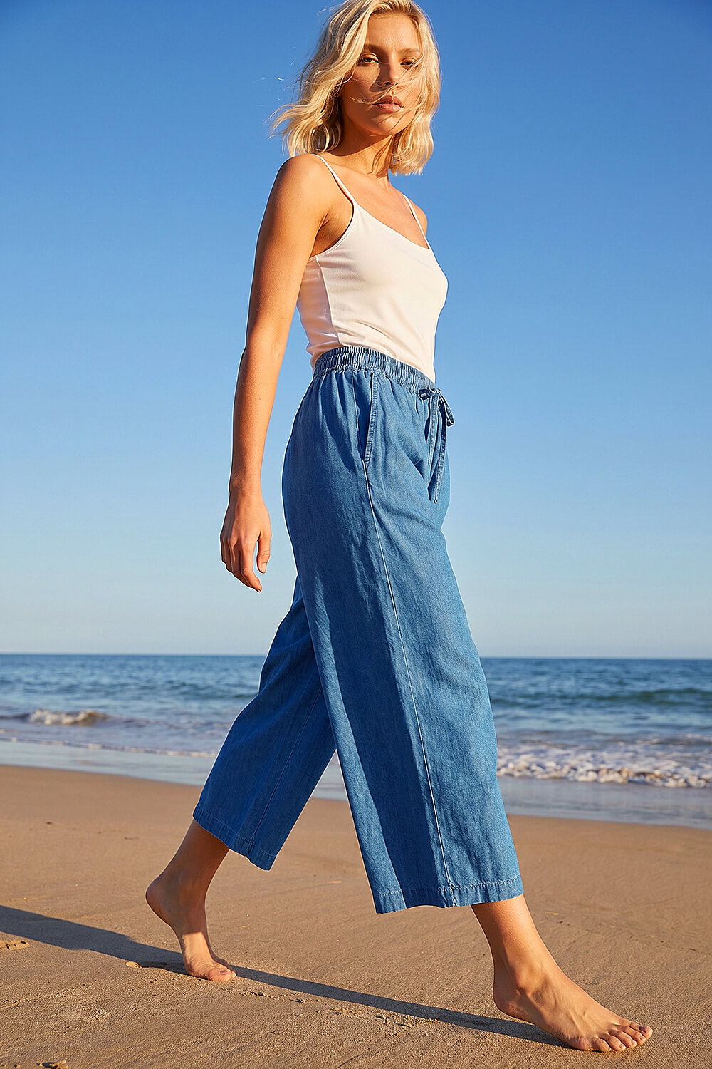 Blue Petite Washed Denim Look Trouser, Image 1 of 4