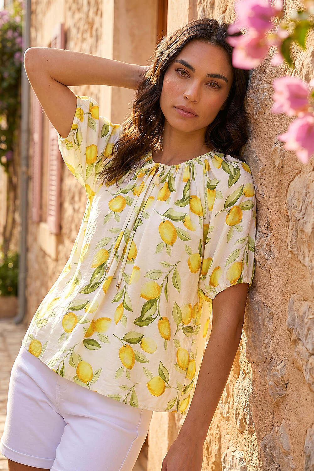 Yellow Lemon Print Tie Front Top, Image 3 of 4