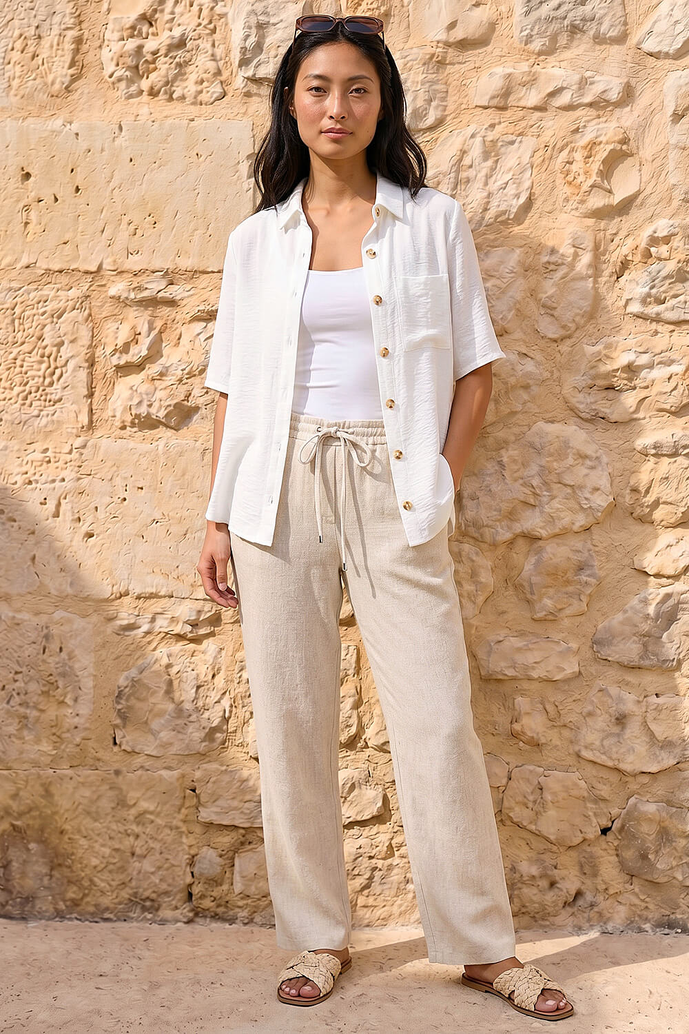 White Petite Button Up Pocket Shirt, Image 3 of 4