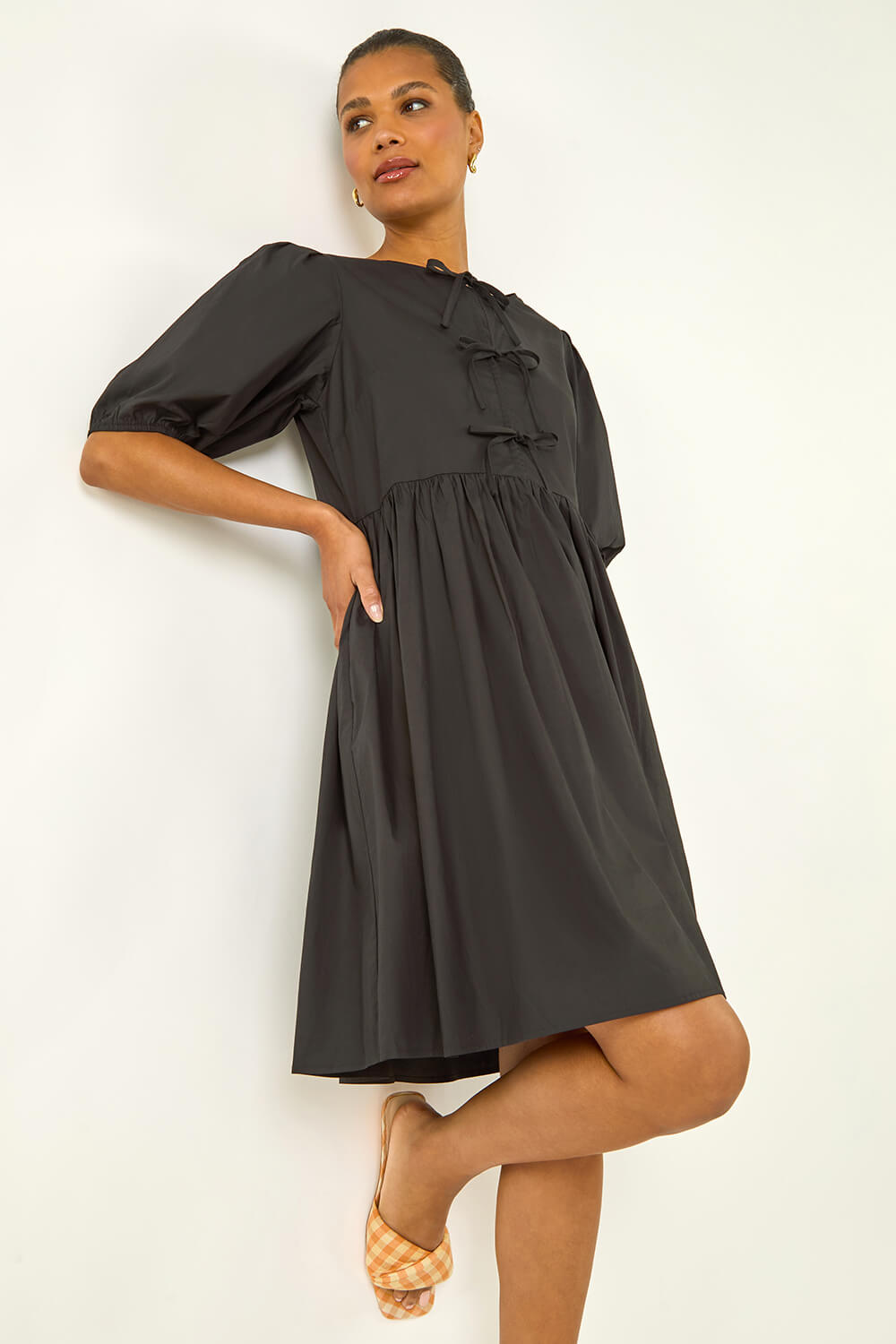 Black Tie Front Smock Dress, Image 1 of 5