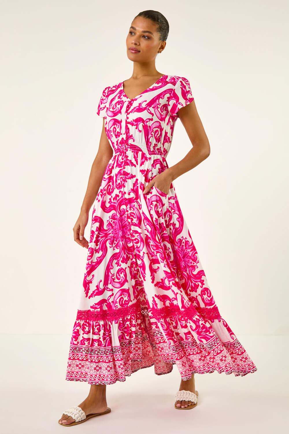 Pink Border Print Button Dress, Image 3 of 5
