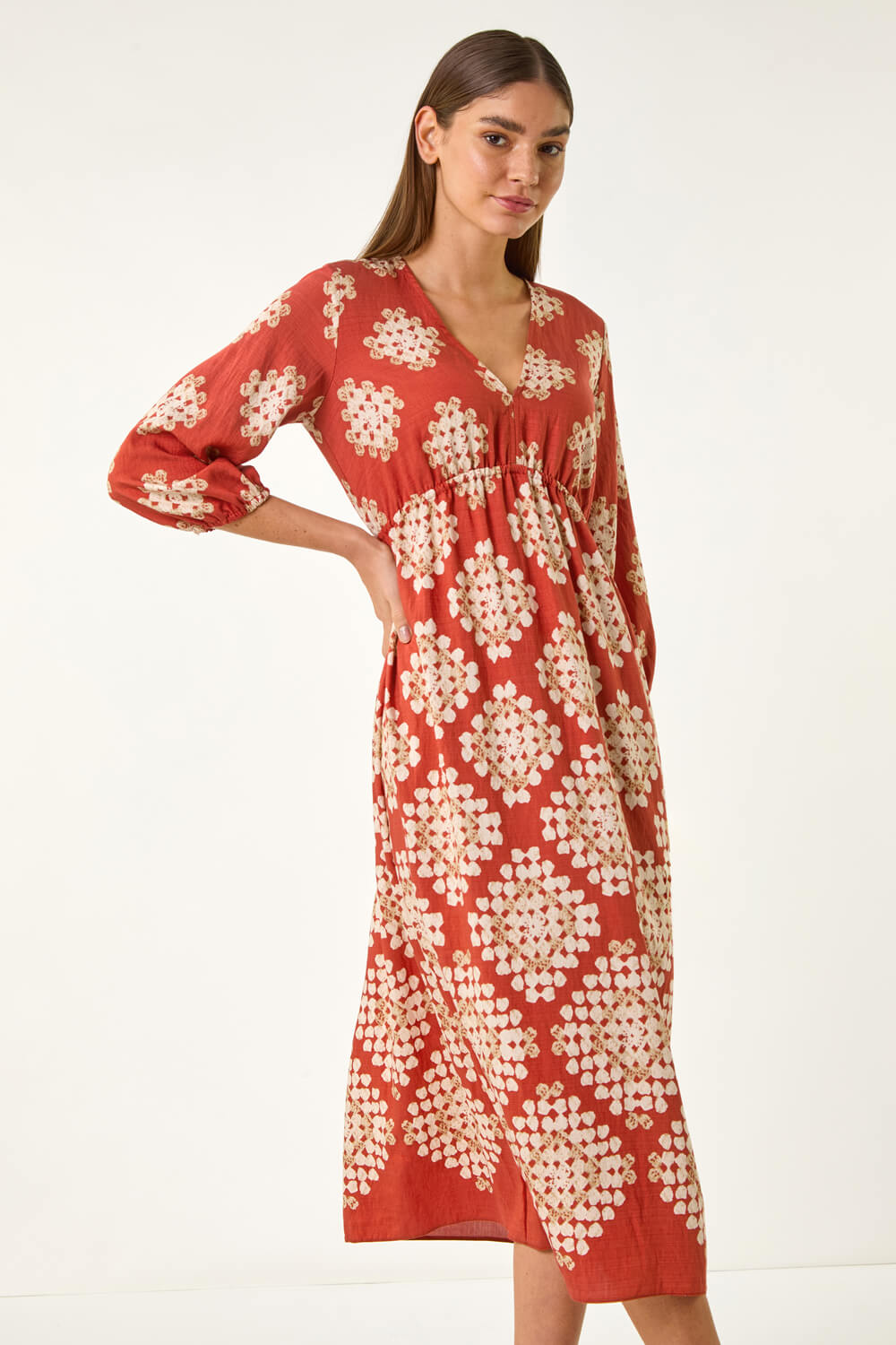 Rust Geo Print V-Neck Midi Dress, Image 5 of 5