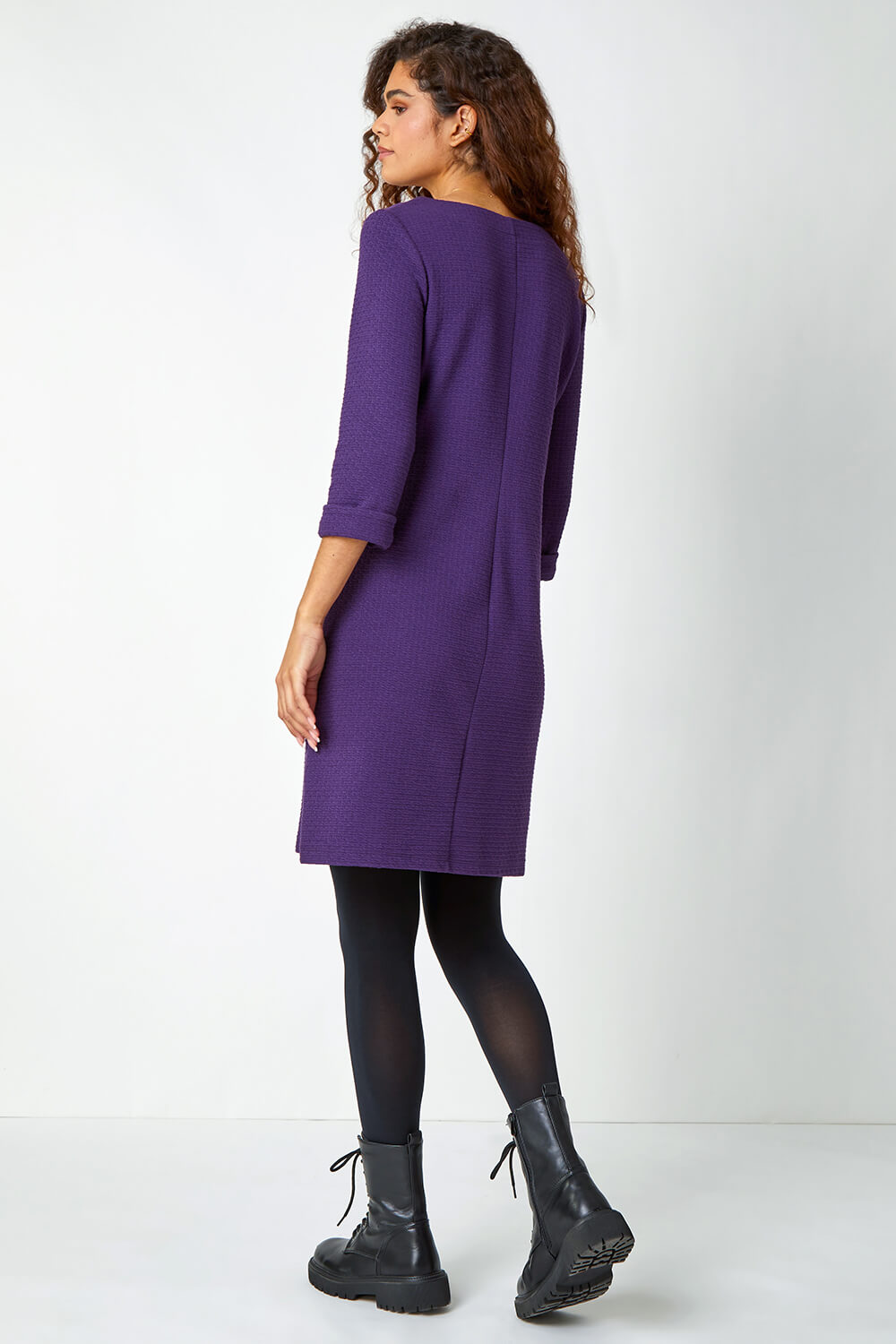 Purple Textured Cotton Blend Stretch Shift Dress, Image 4 of 5