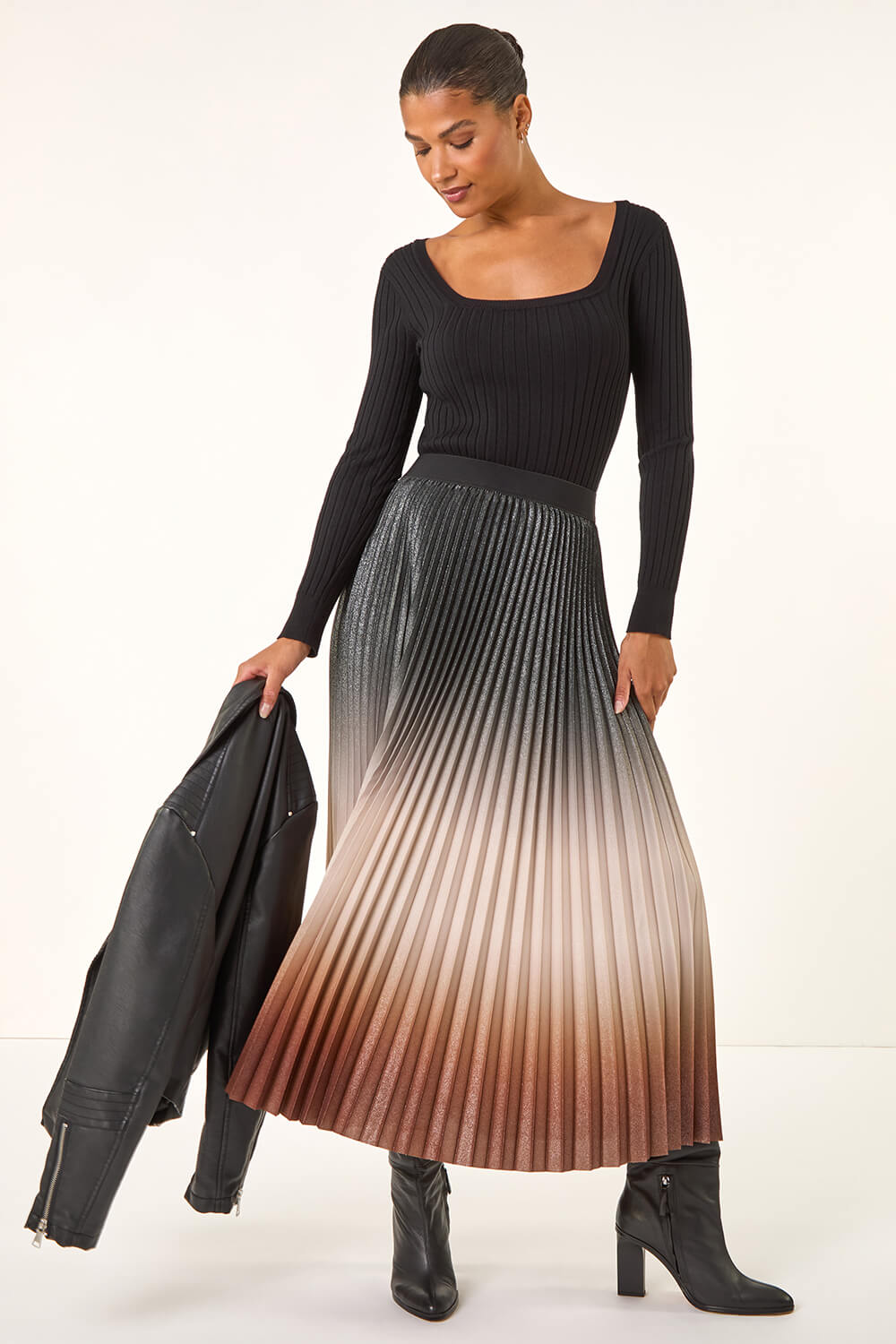 Mocha Ombre Pleated Stretch Skirt, Image 4 of 5