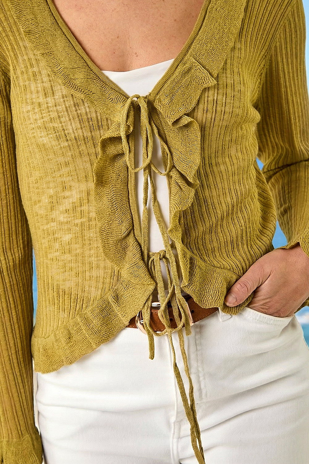 Olive Pointelle Frill Tie Front Top, Image 5 of 4
