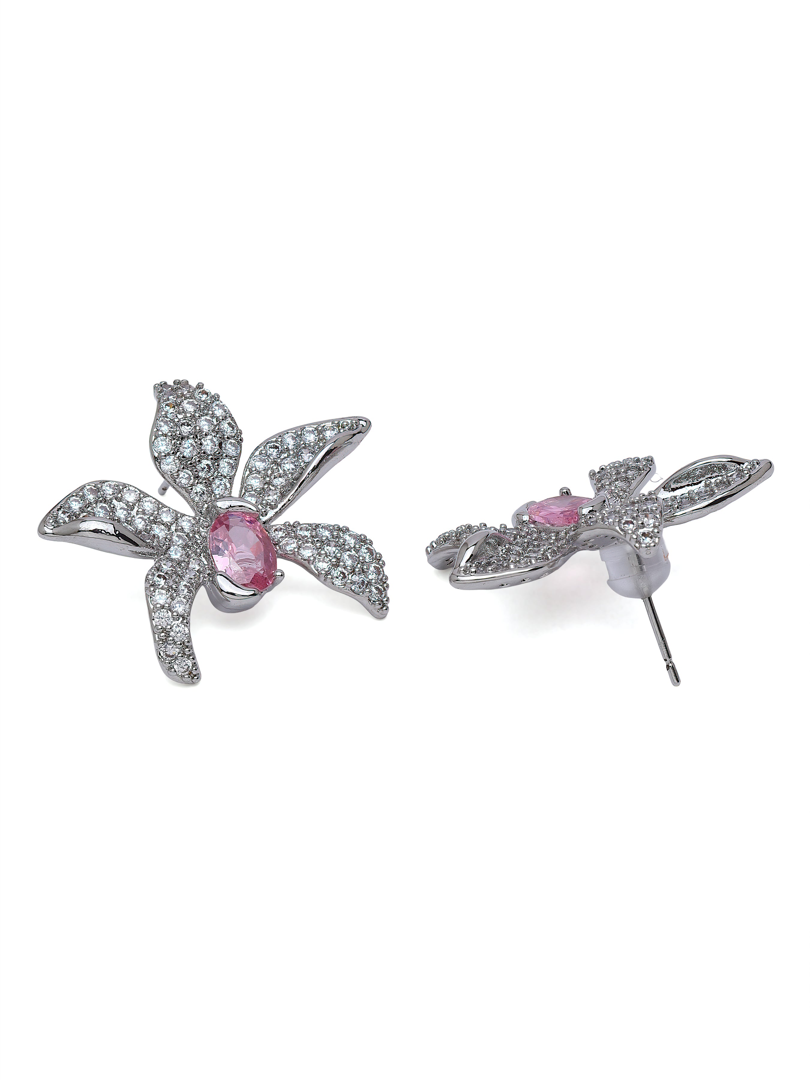 Silver Floral Crystal Stud Earrings, Image 2 of 3