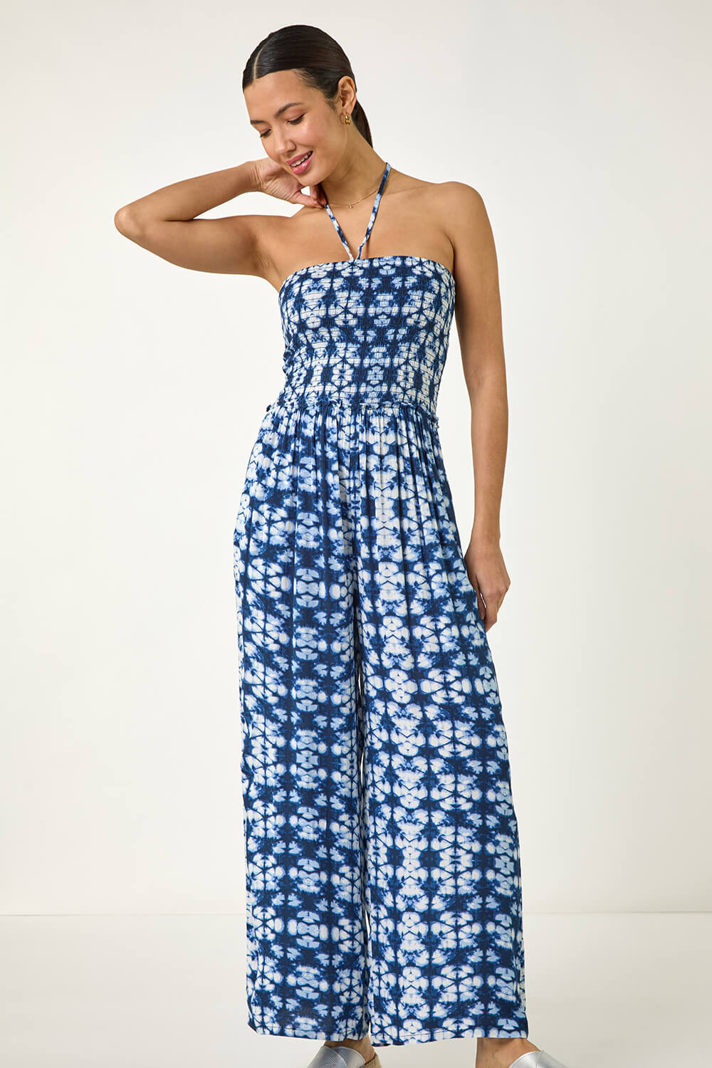 Navy Abstract Shirred Bardot Jumpsuit, Image 5 of 5