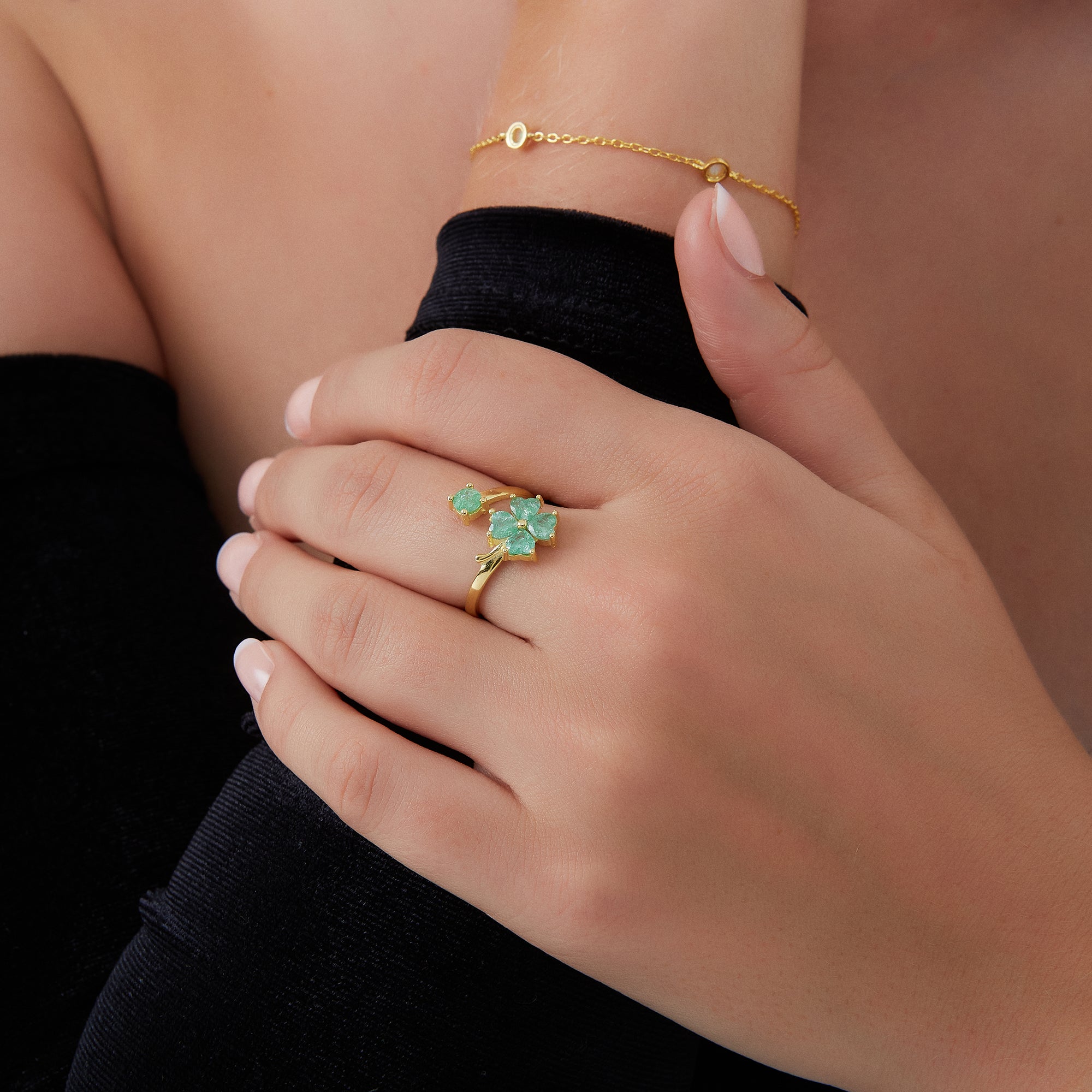 Gold Green Four Leaves Clover Luck Ring Sterling Silver, Image 2 of 3