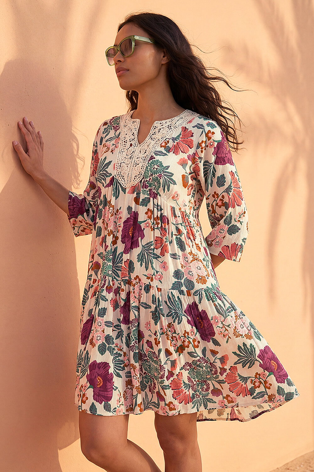 Cream Floral Trim Smock Dress, Image 3 of 4