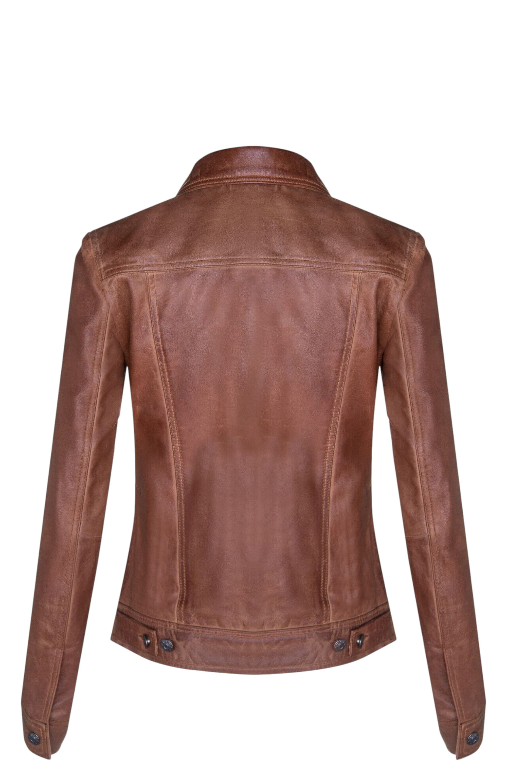 Tan Womens Leather Trucker Jacket-Andery, Image 3 of 4