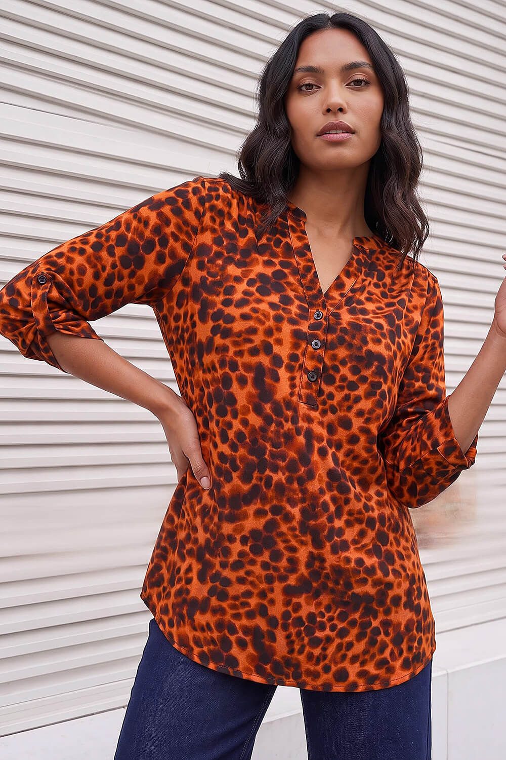 Roman Women's Copper Spot Print Stretch Top Size 10