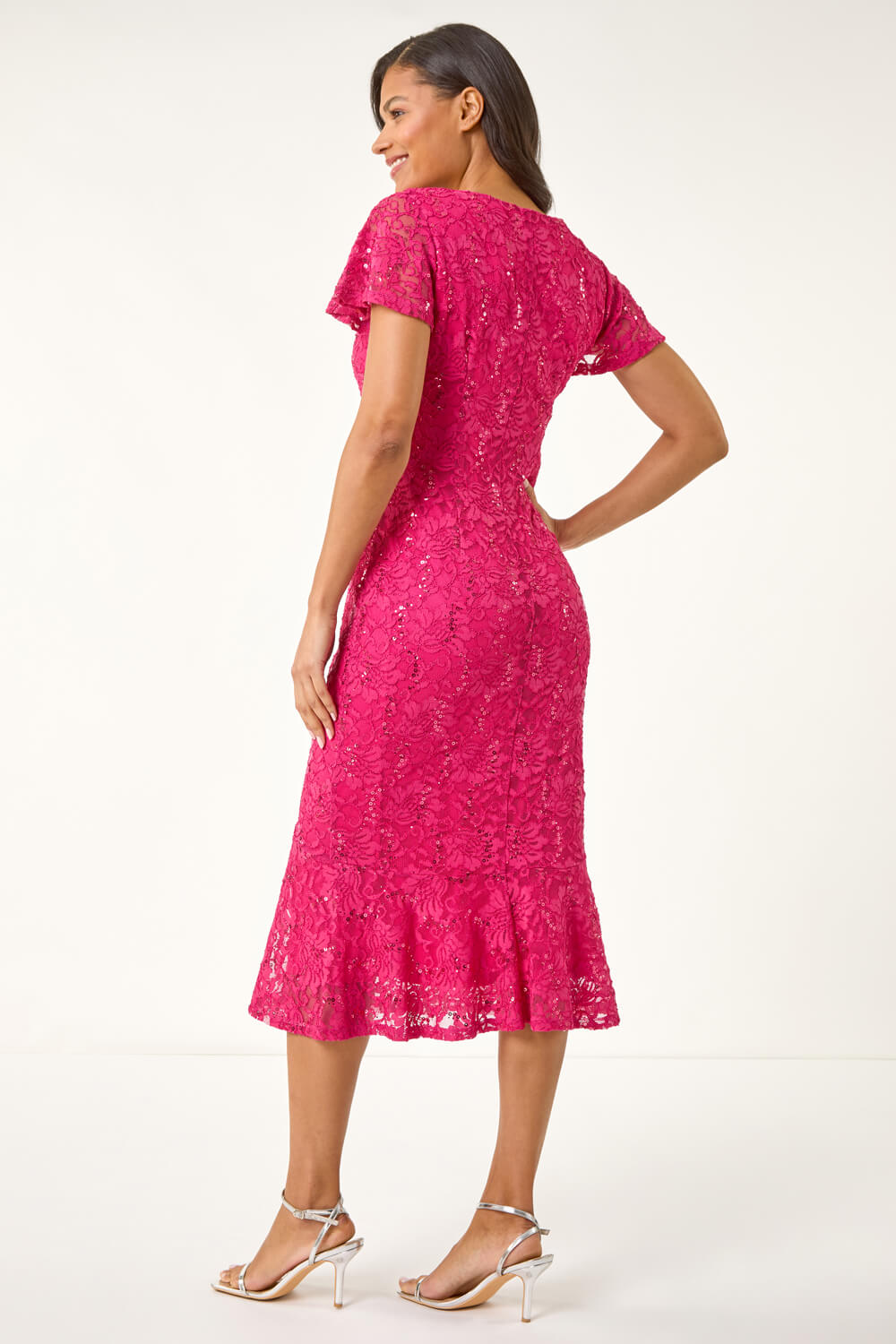 Fuchsia Sequin Lace Ruffle Stretch Midi Dress, Image 4 of 5