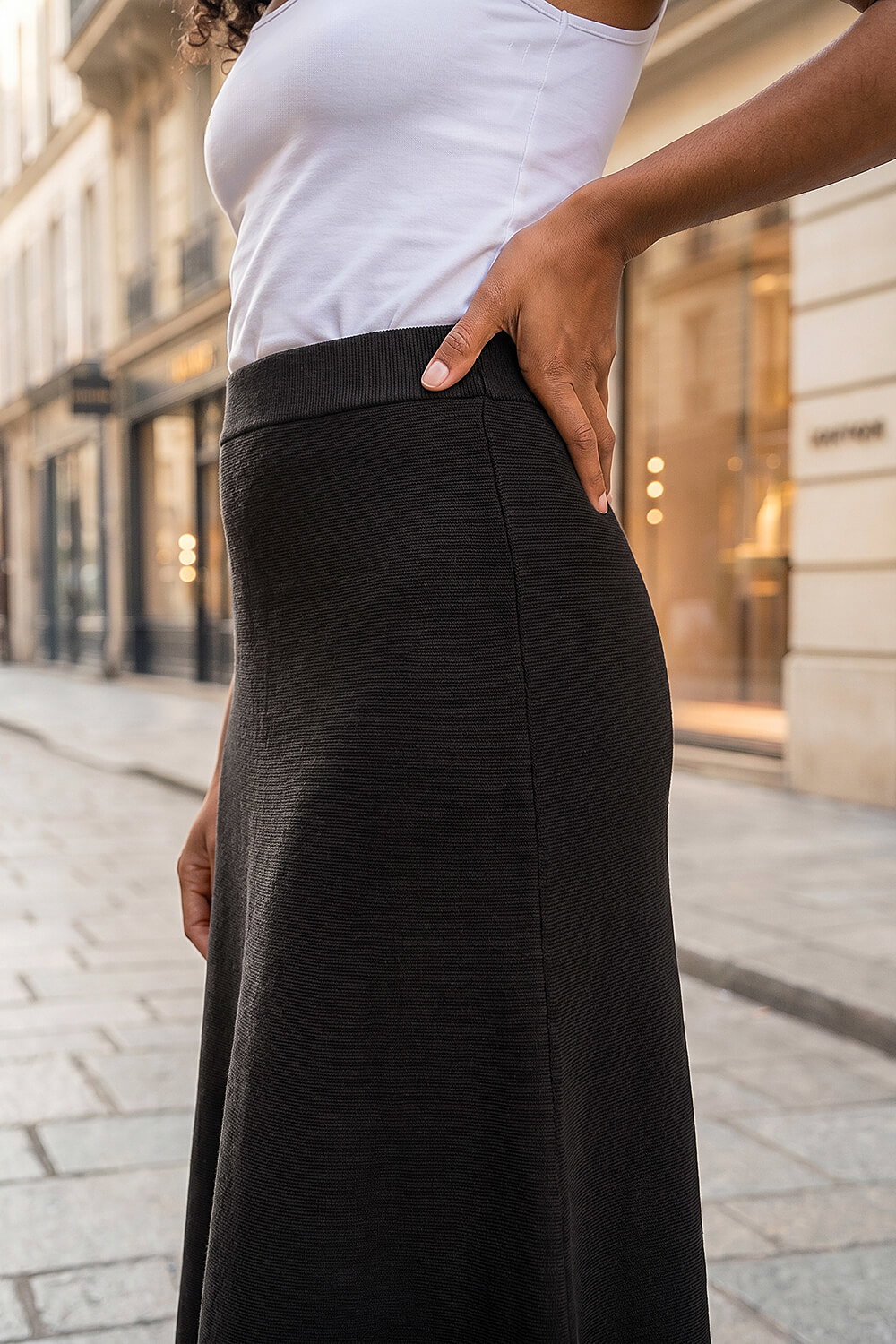 Black Plain Elastic Waist Knitted A Line Midi Skirt, Image 5 of 4