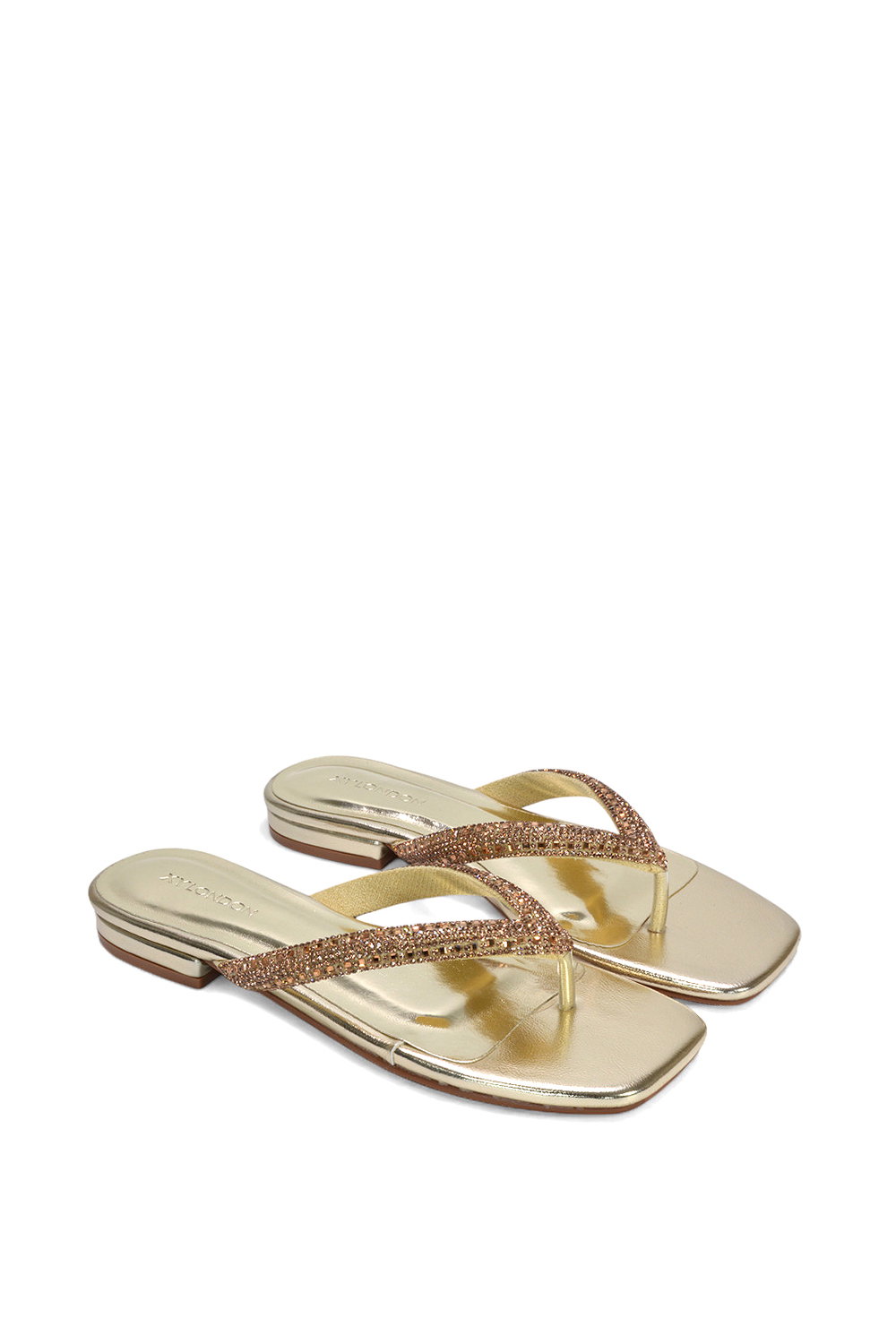 Gold 'Blake' Flat Slip On Diamante Sandals With Thong Strap, Image 5 of 6
