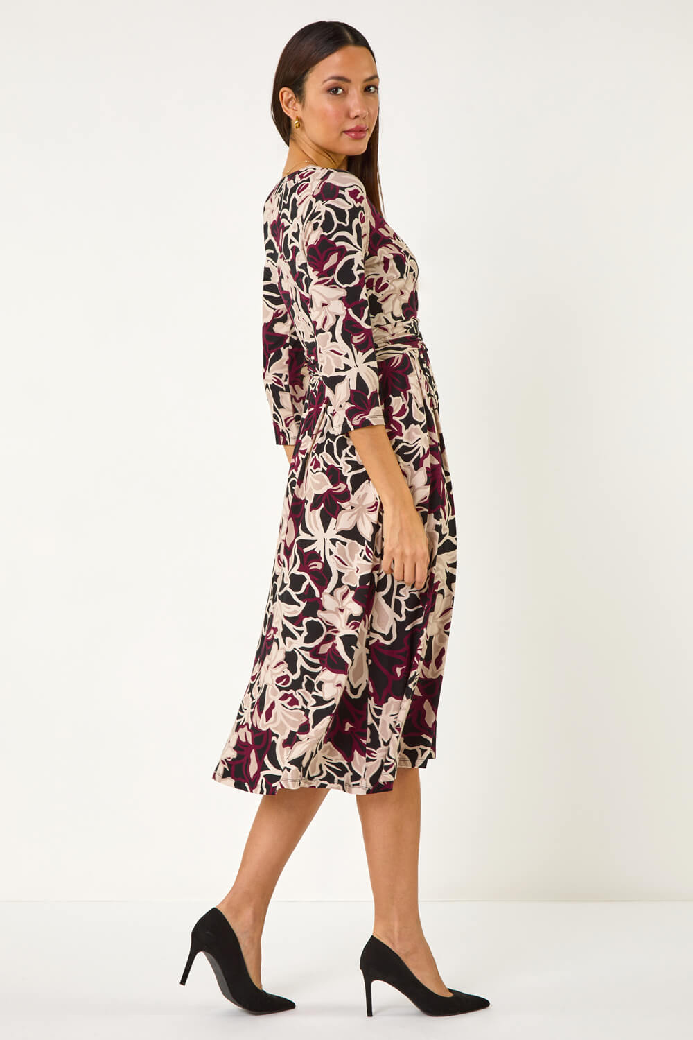 Burgundy Floral Print Midi Wrap Dress, Image 4 of 5