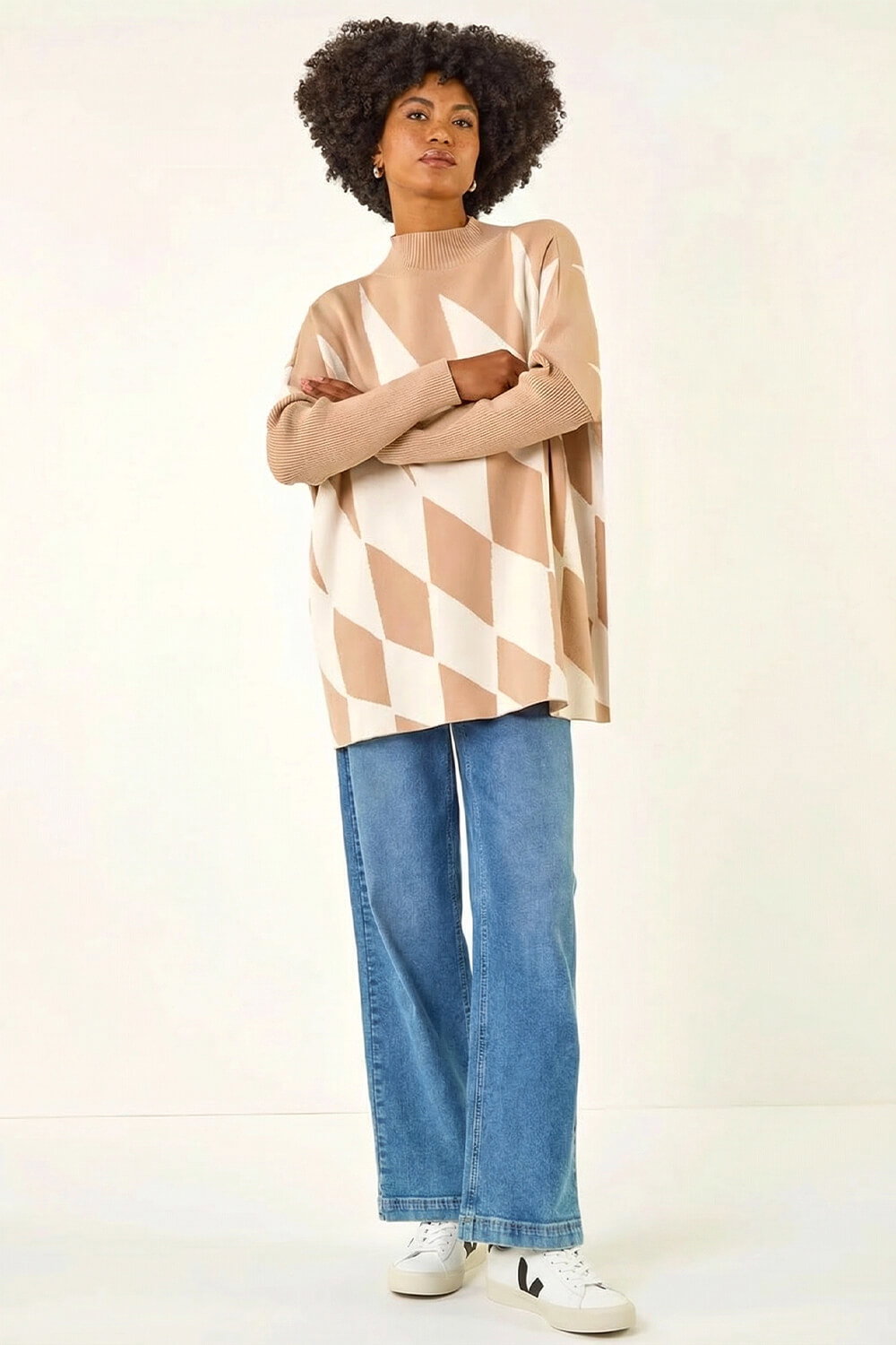 Natural Geometric Plaid Knit Poncho, Image 1 of 5