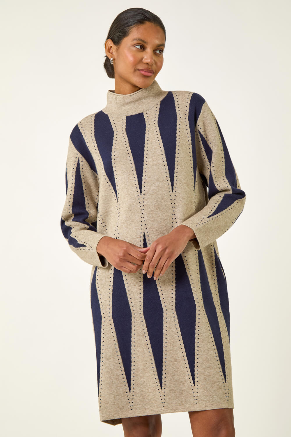 Navy  Abstract Knit Jumper Dress, Image 3 of 5