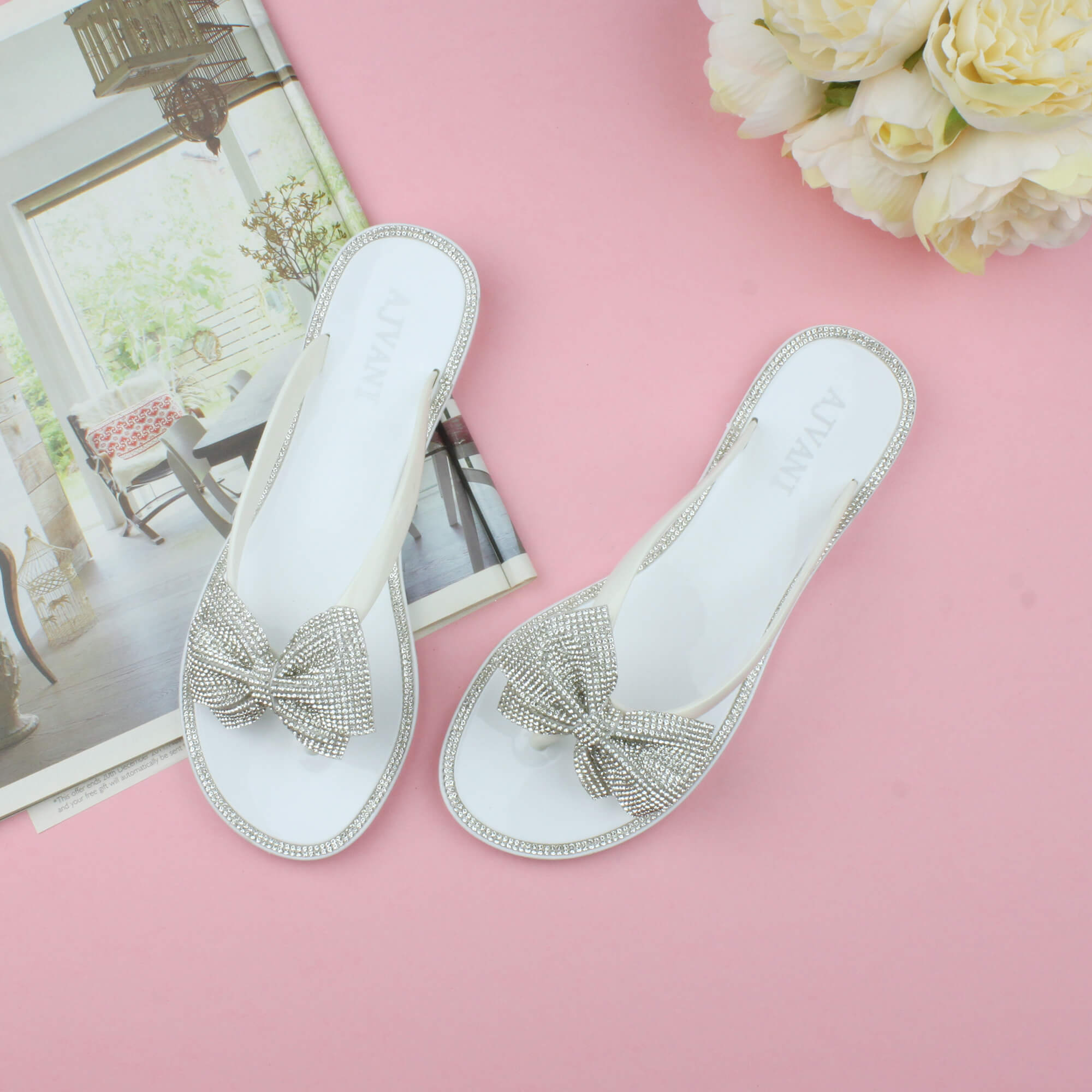 White Diamante Bow Toe Post Jelly Sandals Flip Flops, Image 4 of 6