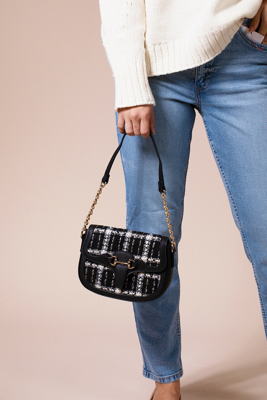 Black Knit Check Shoulder Bag, Image 2 of 6