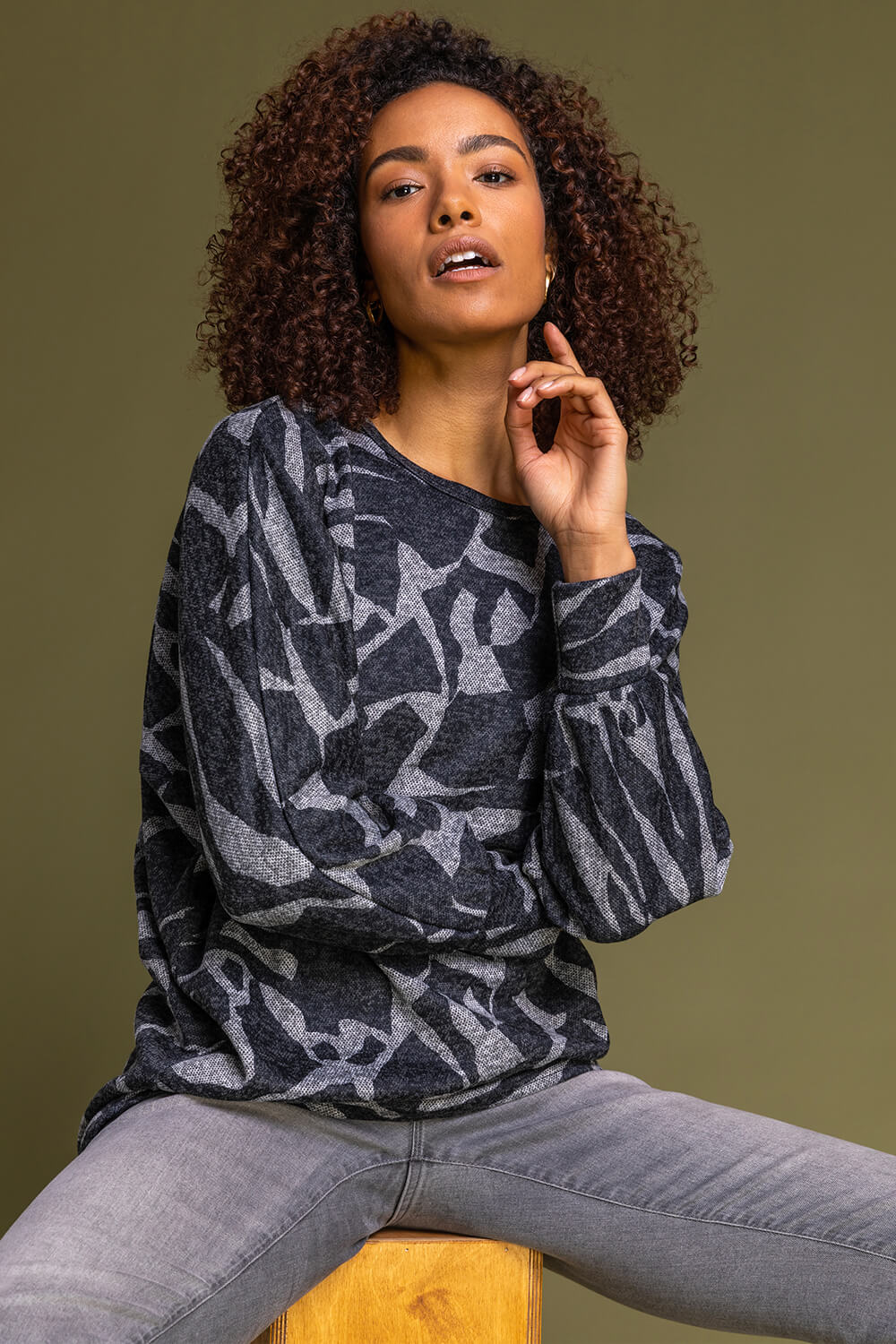 Dark Grey Abstract Animal Print Long Sleeve Top, Image 1 of 5