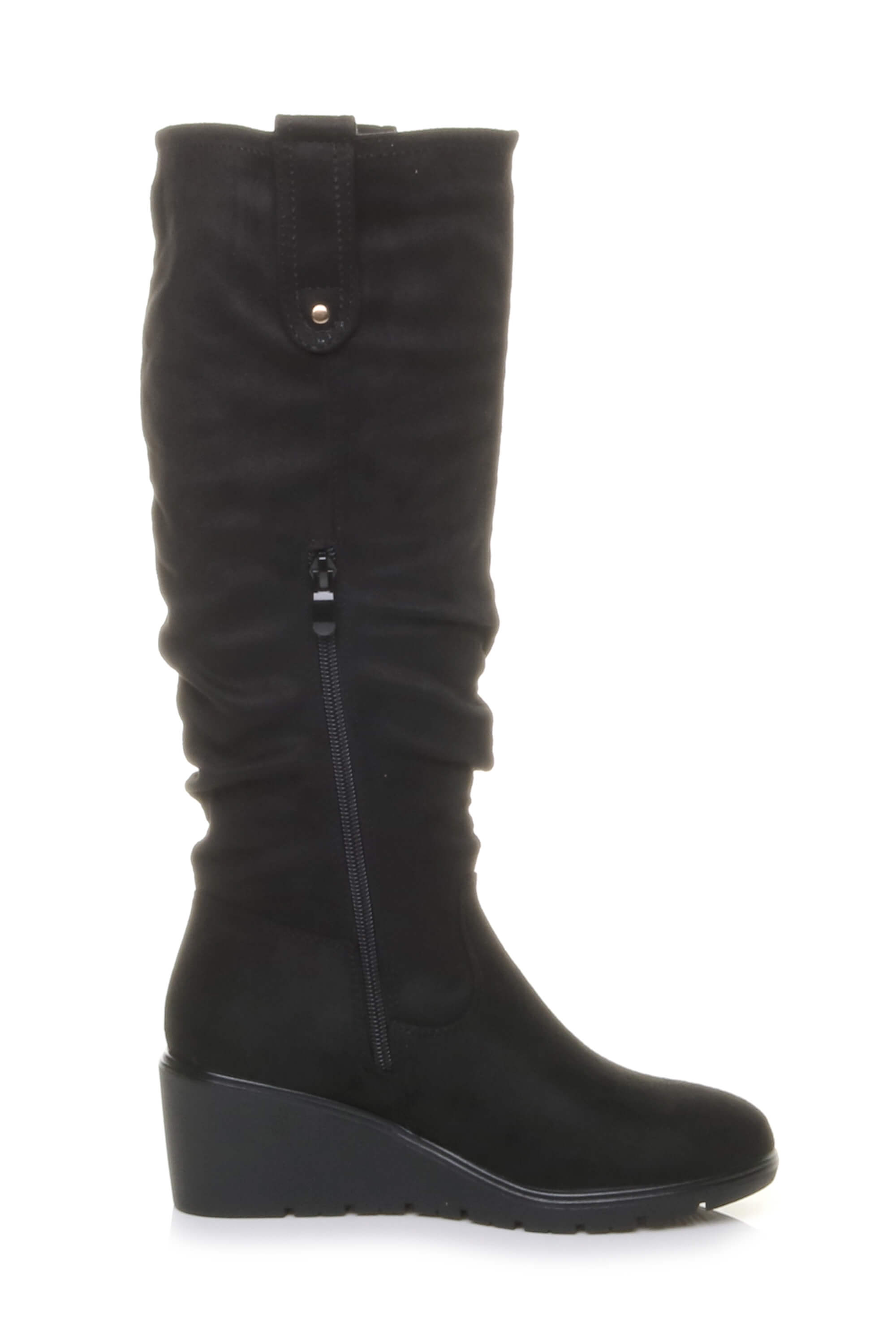 Black Mid Wedge Heel Slouch Knee High Calf Boots, Image 3 of 4