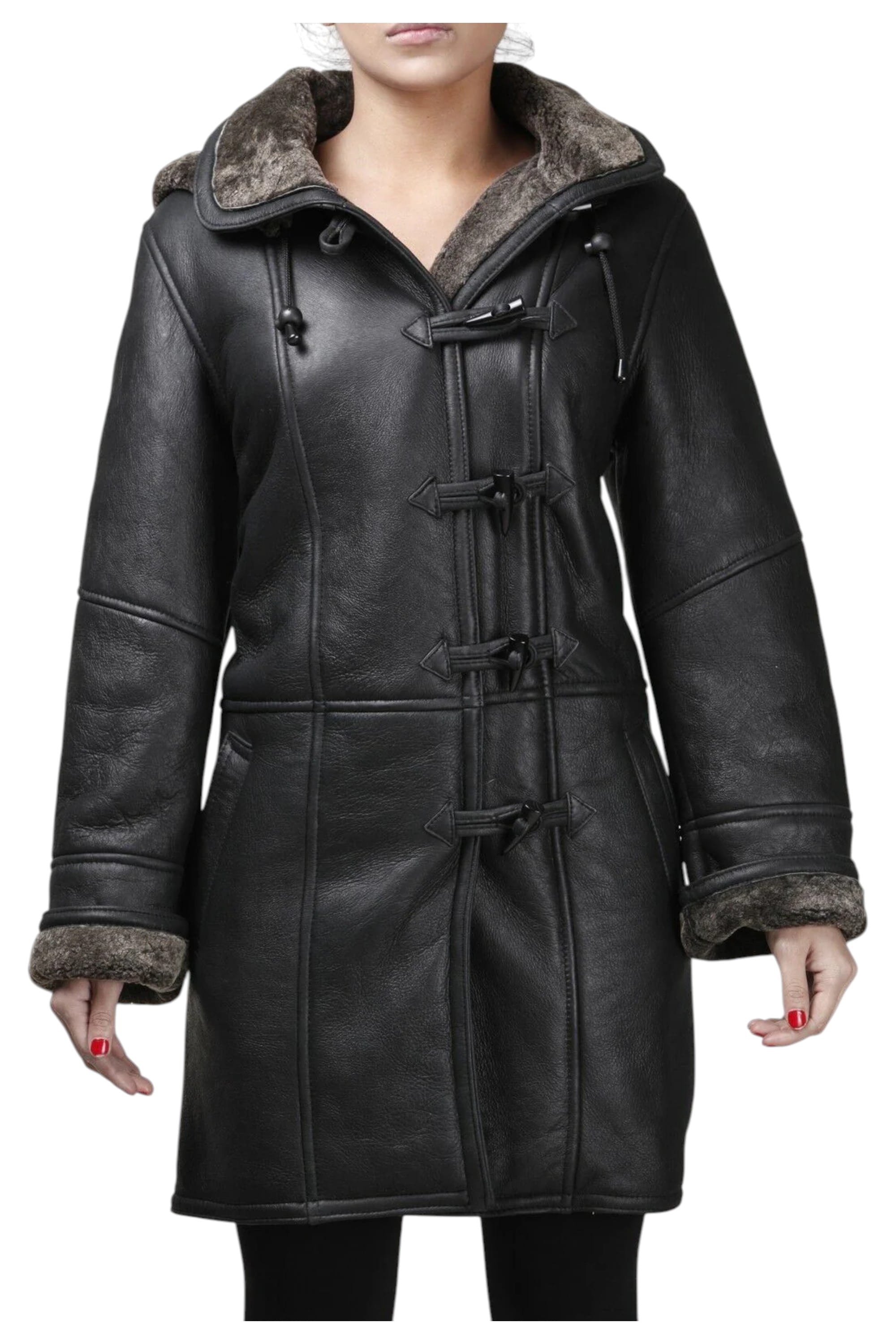 Black Womens Shearling Hooded Duffle Coat-Lile, Image 2 of 6