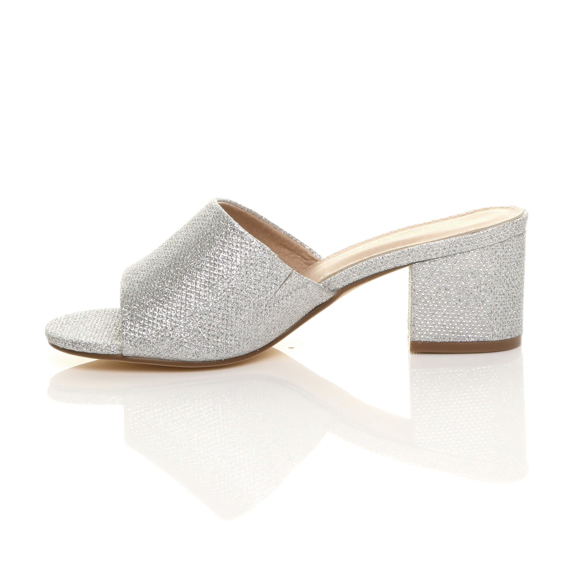 Silver AJVANI Silver Mid Block Heel Peep Toe Mules Sandals, Image 3 of 6