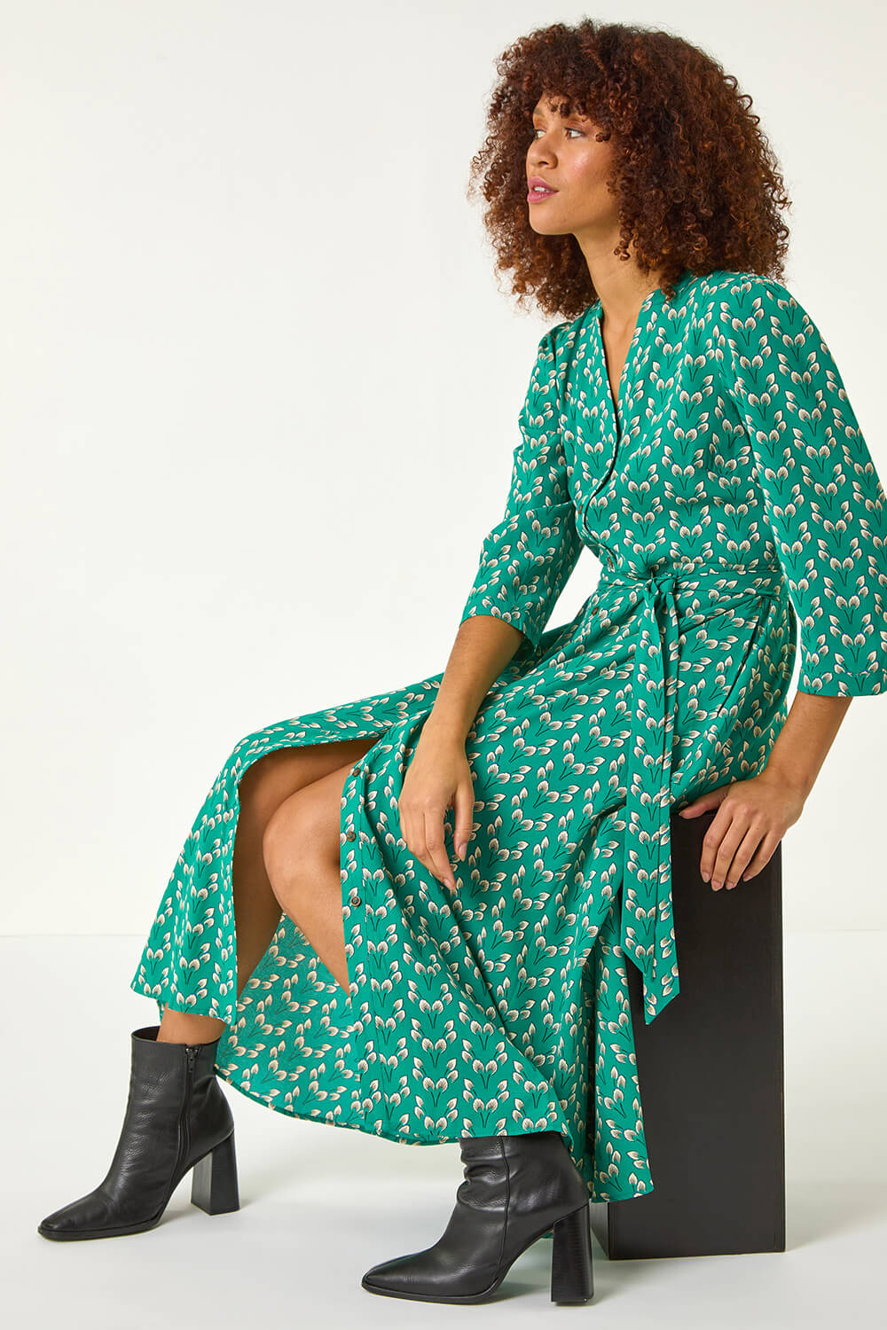 Green Leaf Print Midi Shirt Dress | Roman UK
