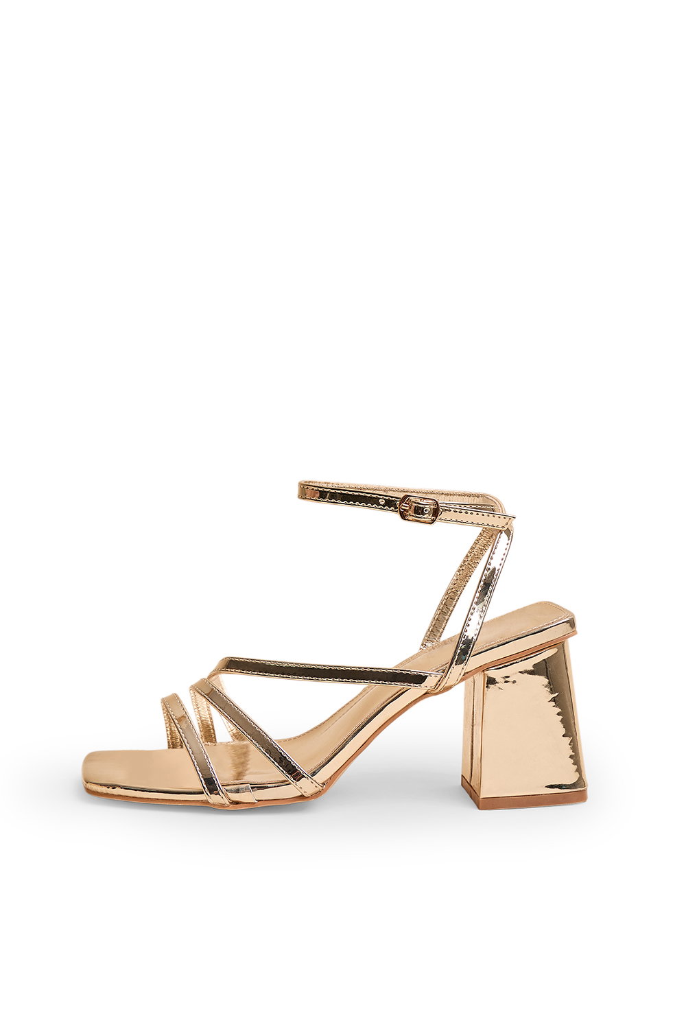 Metallic Robin Gold Strappy Square Toe Mid Heels