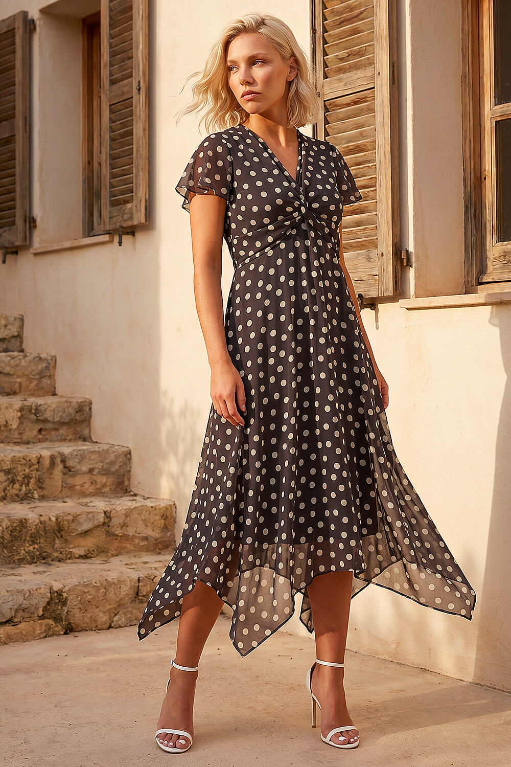 Chocolate Petite Polka Dot Twist Front Dress, Image 1 of 4