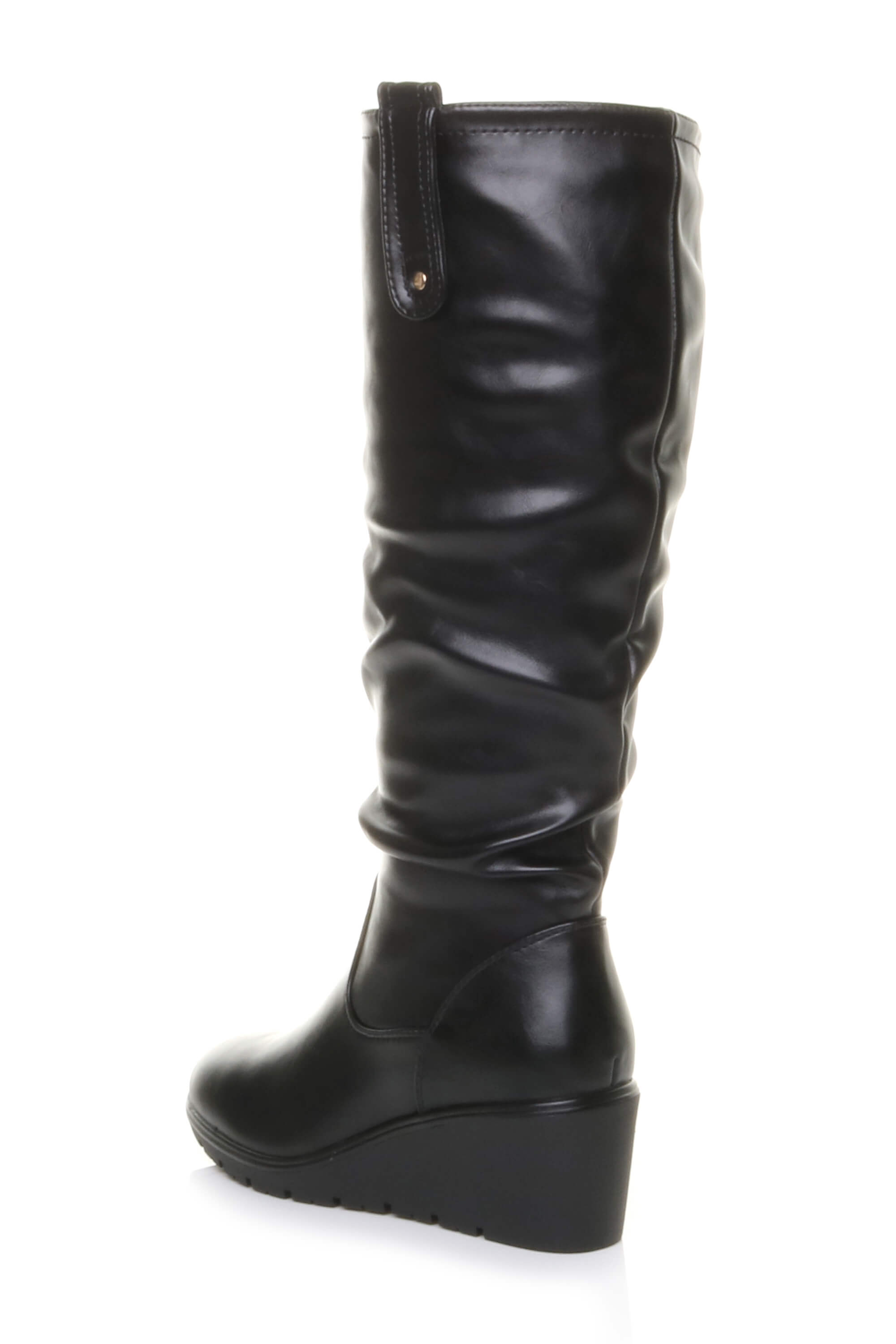 Black Mid Wedge Heel Slouch Knee High Calf Boots, Image 4 of 4