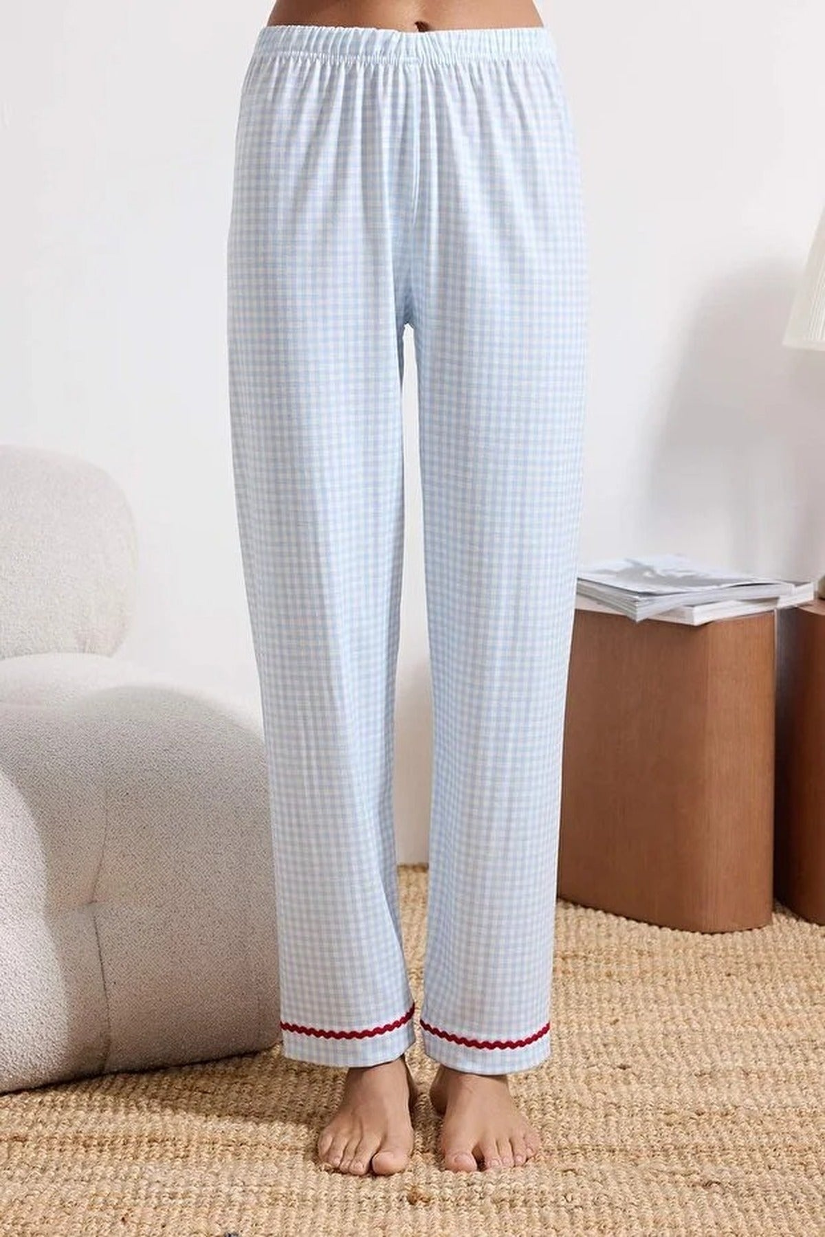 Blue 3-Piece Gingham Cherry Embroidered Cotton Pyjama Set, Image 3 of 4