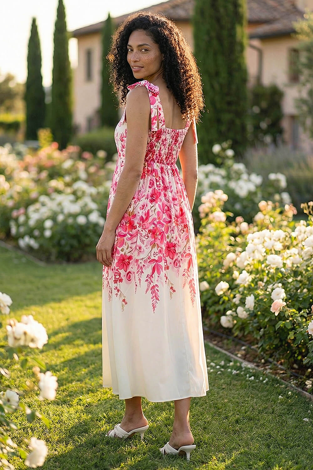 Pink Floral Print Strap Tie Midi Dress , Image 4 of 4