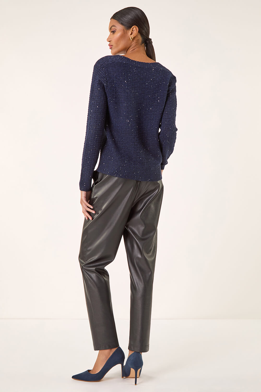 Navy Bow Embellished Sequin Knit Cardigan, Image 4 of 5