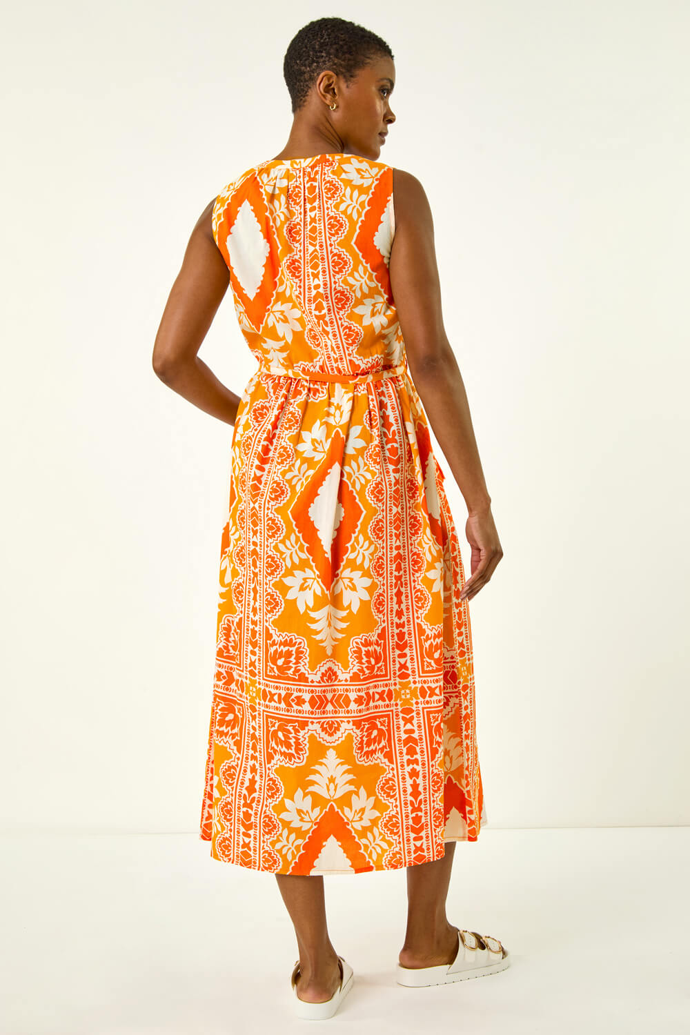Orange Abstract Tie Neck Midi Dress, Image 4 of 5