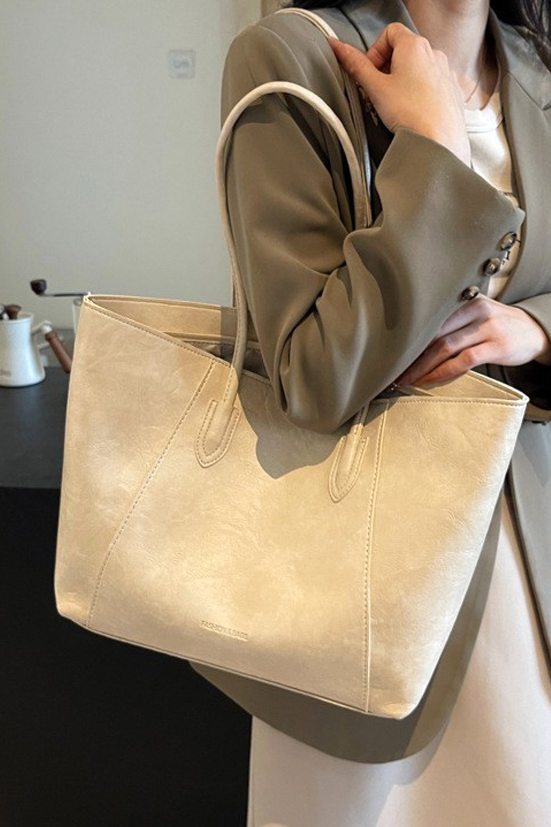 Beige Large Tote Handbag With Shoulder Strap, Image 1 of 4