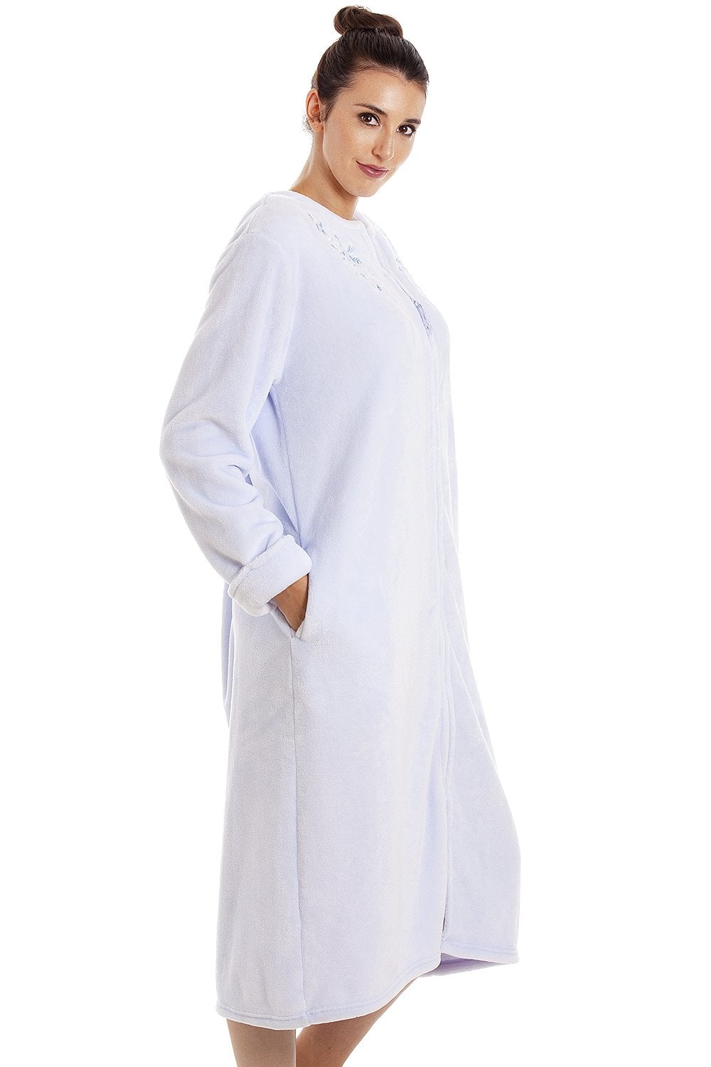 Light Blue Camille Lingerie Light Blue Supersoft Fleece Zip Up Housecoat, Image 4 of 5