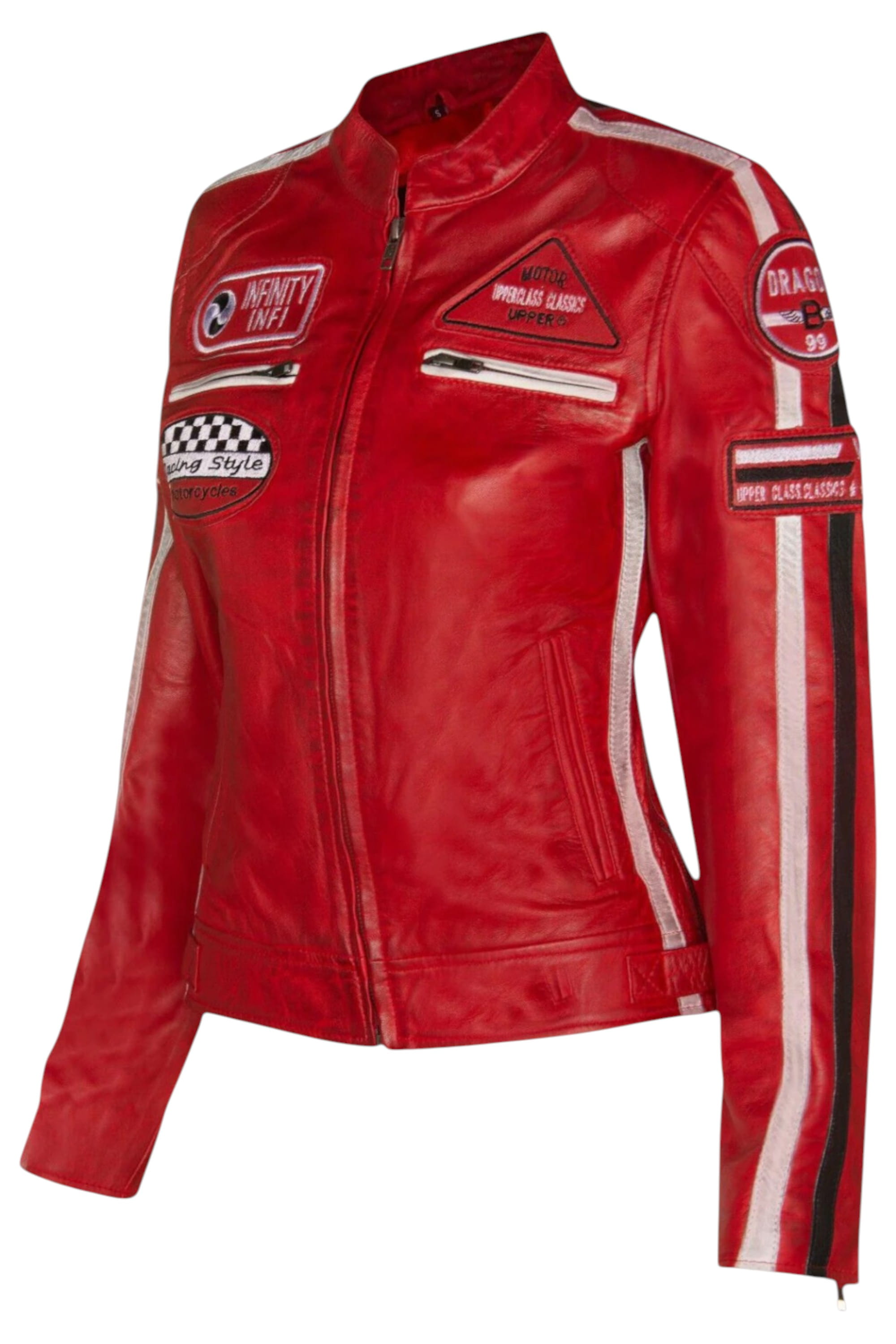 Red Leather Biker Racing Badges Jacket-Dalby, Image 4 of 6