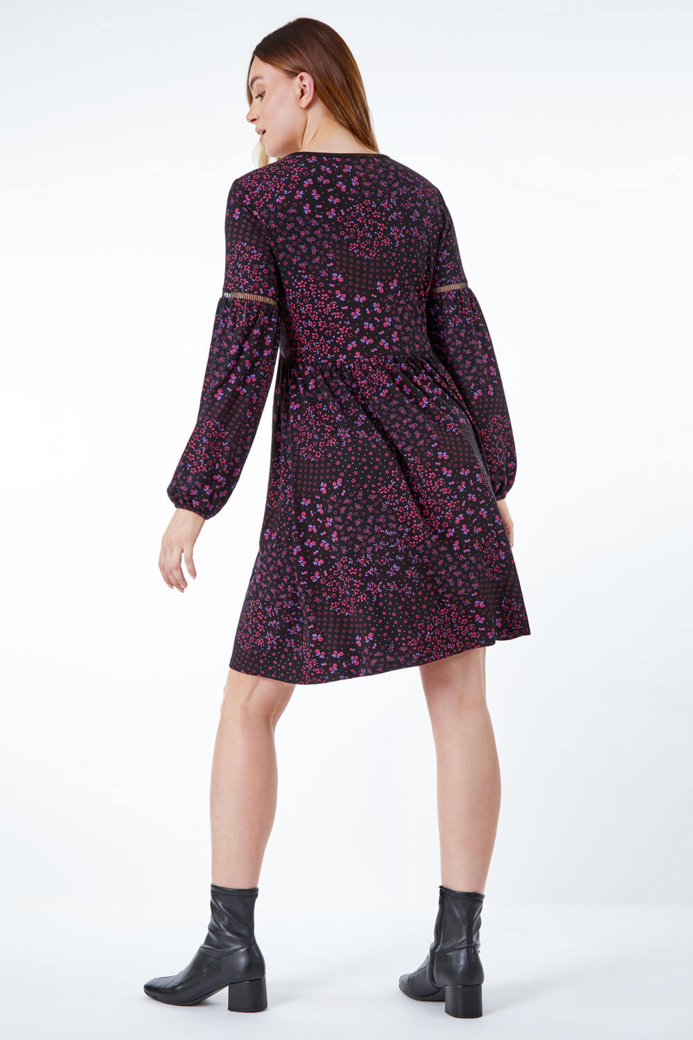 Black Floral Ladder Lace Sleeve Dress, Image 4 of 5